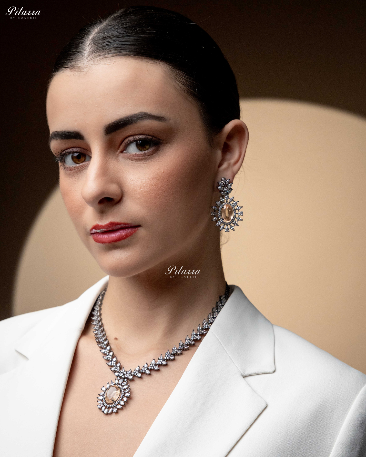 Peach Color Stones Dazzling Cubic Zirconia Necklace Set