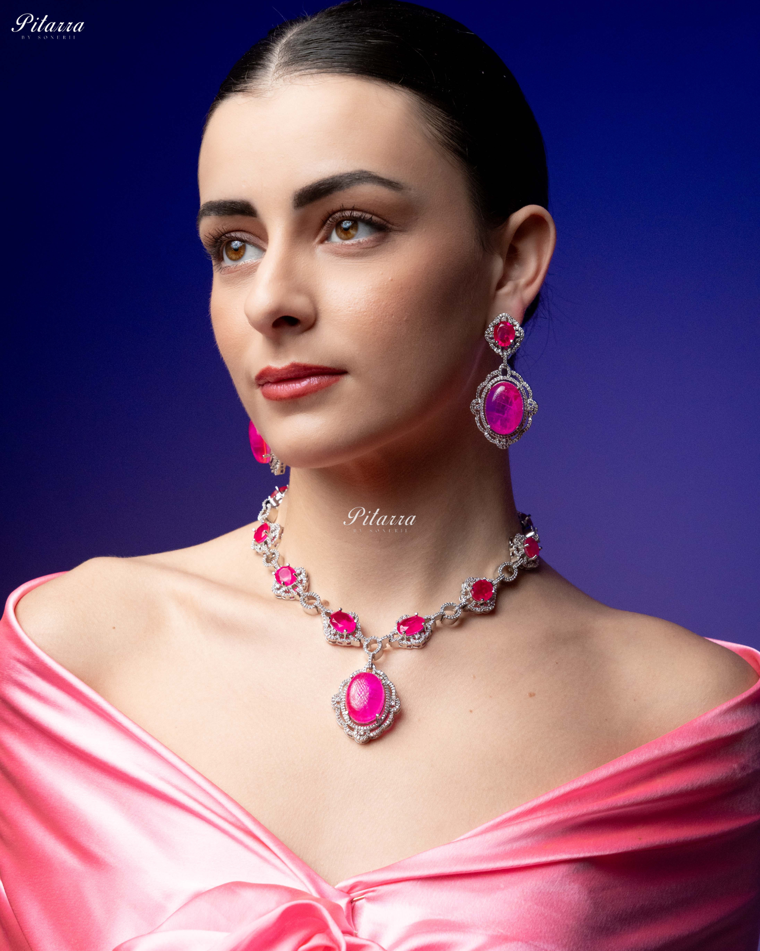 Pink Stone Silver Finish Tone Crystal Necklace Set