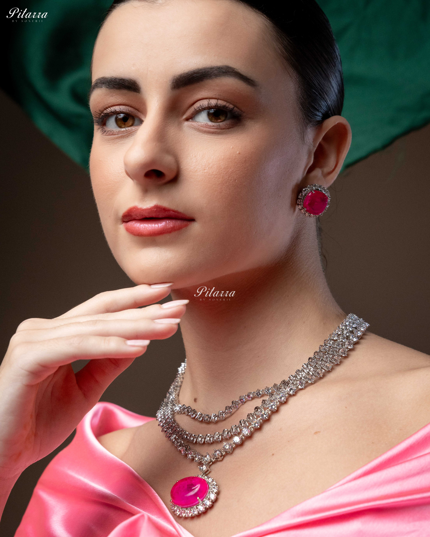 Pink Stone Cubic Zirconia Silver Necklace Set