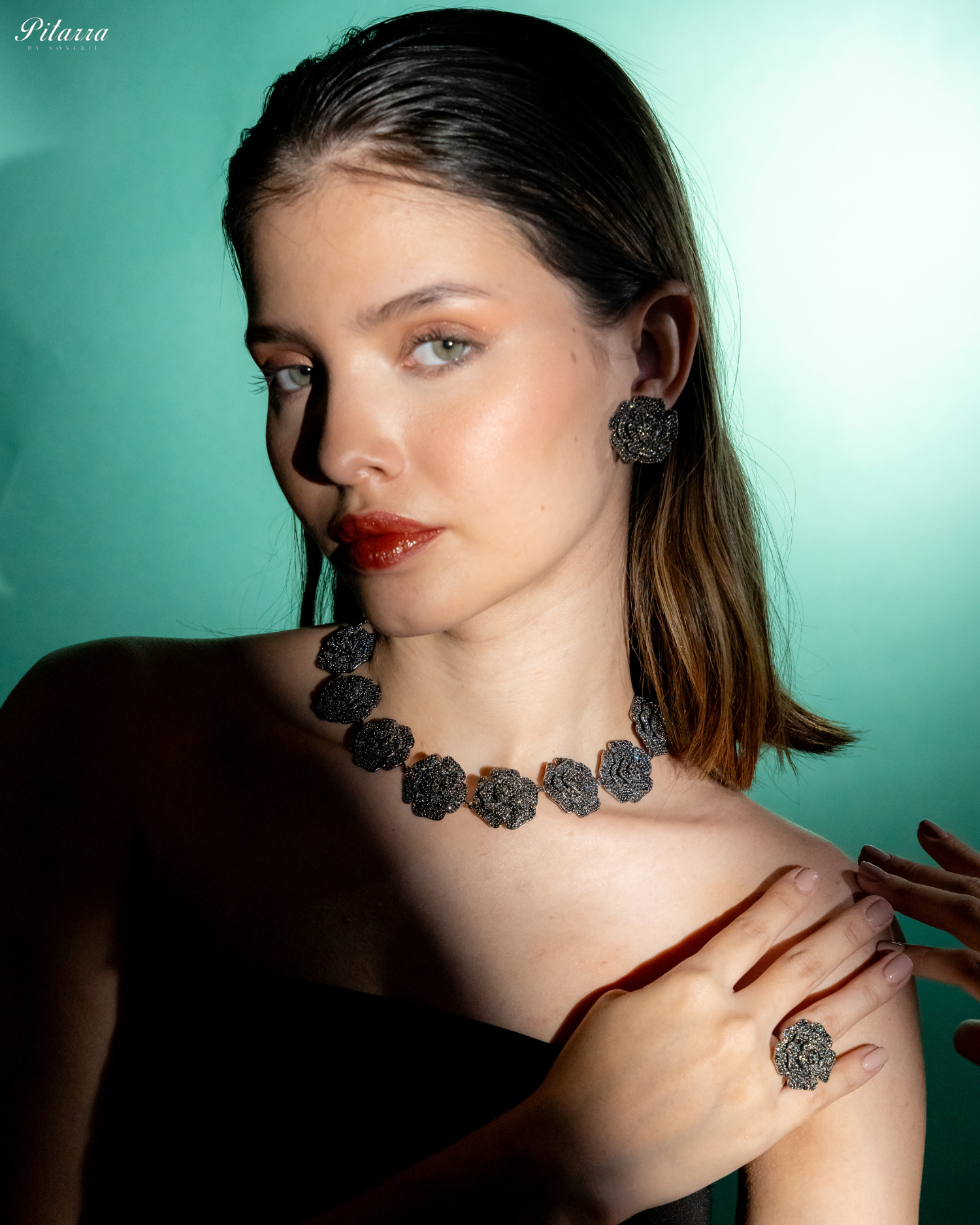 Black Tone Flower CZ Choker Set with Ring