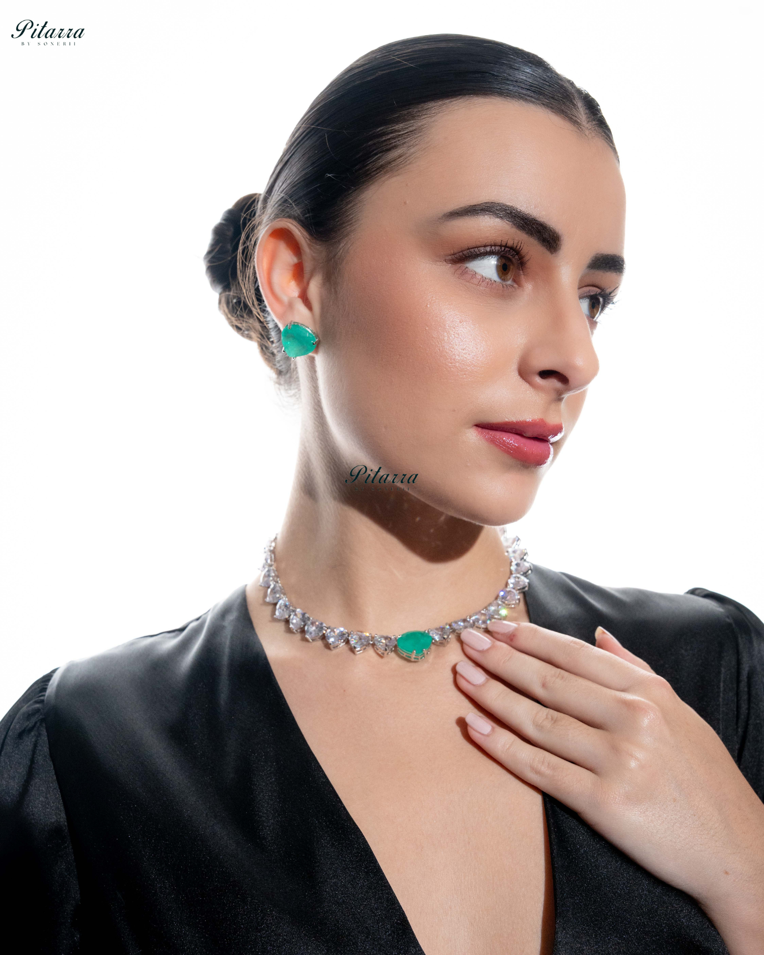 Mint Green Stone White Heartline Zircon Necklace Set