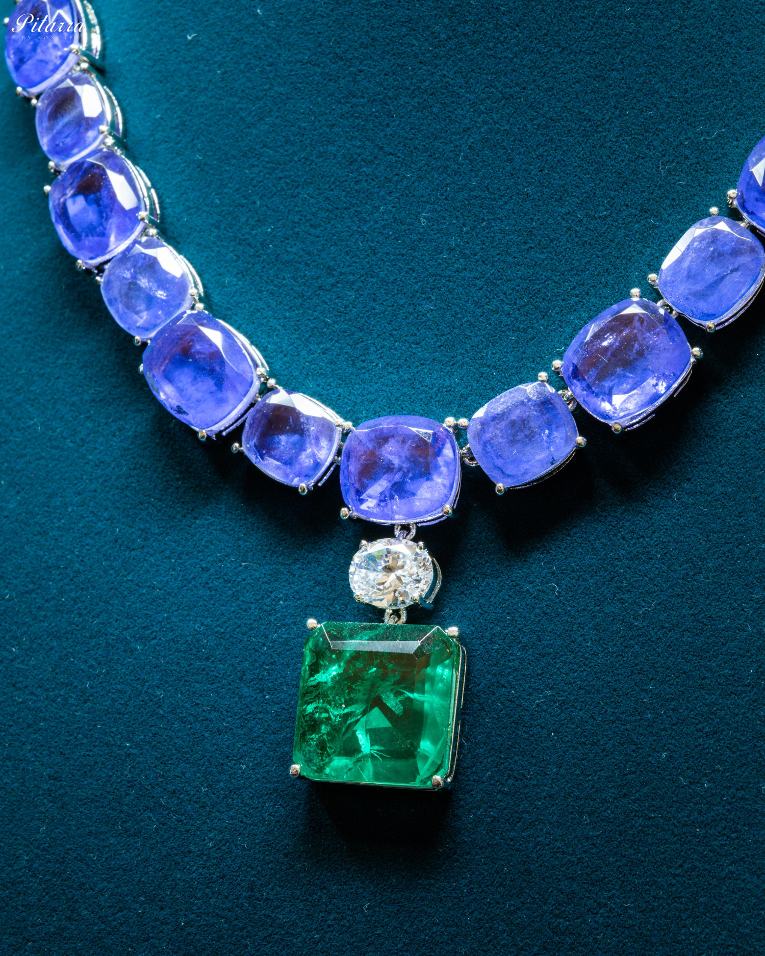 Silver Finish Emerald Square Crystal Necklace Set
