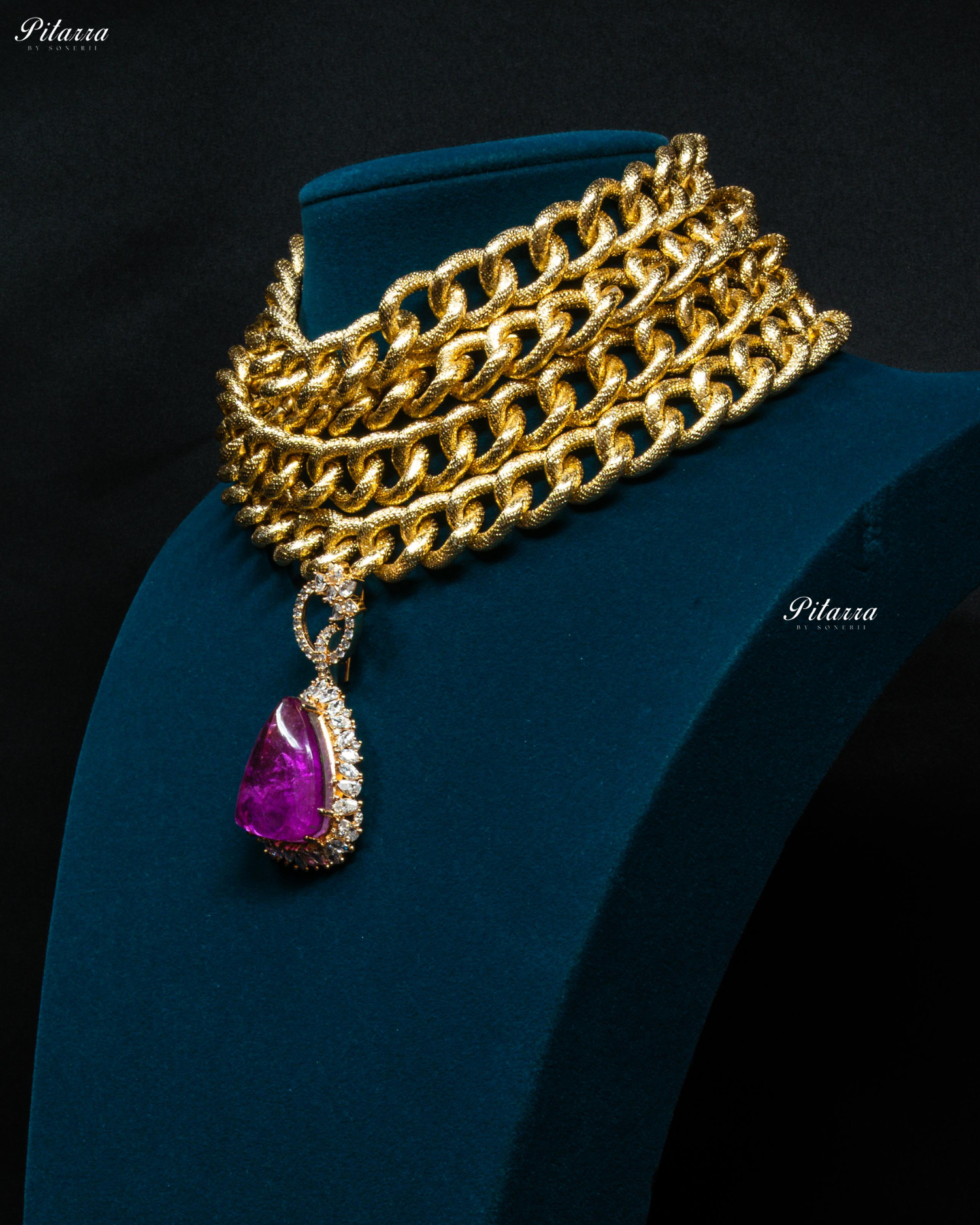 Golden Multilayered Purple Stone Statement Pendant Chain Choker