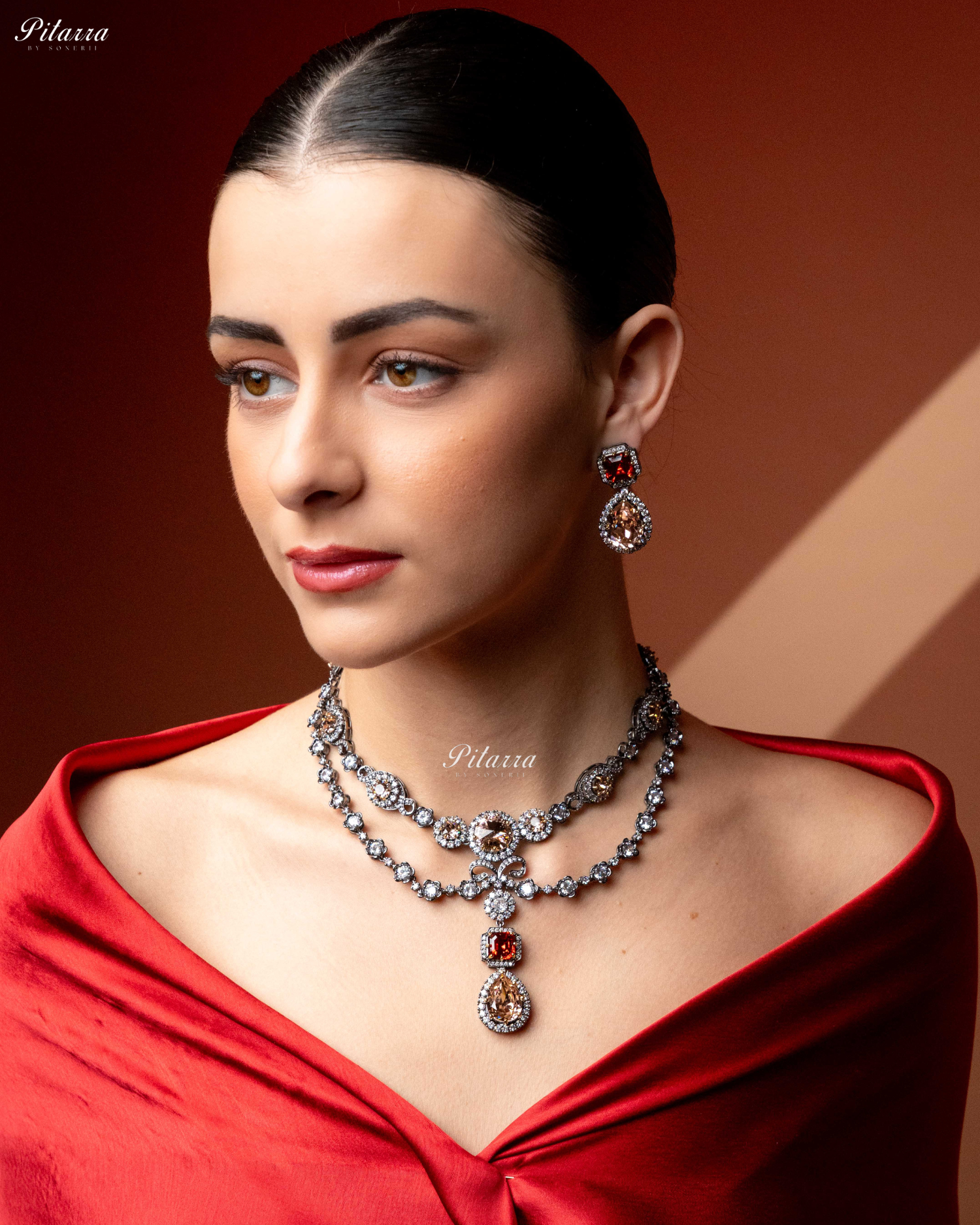 Multicolor Two Layer Silver CZ Necklace Set