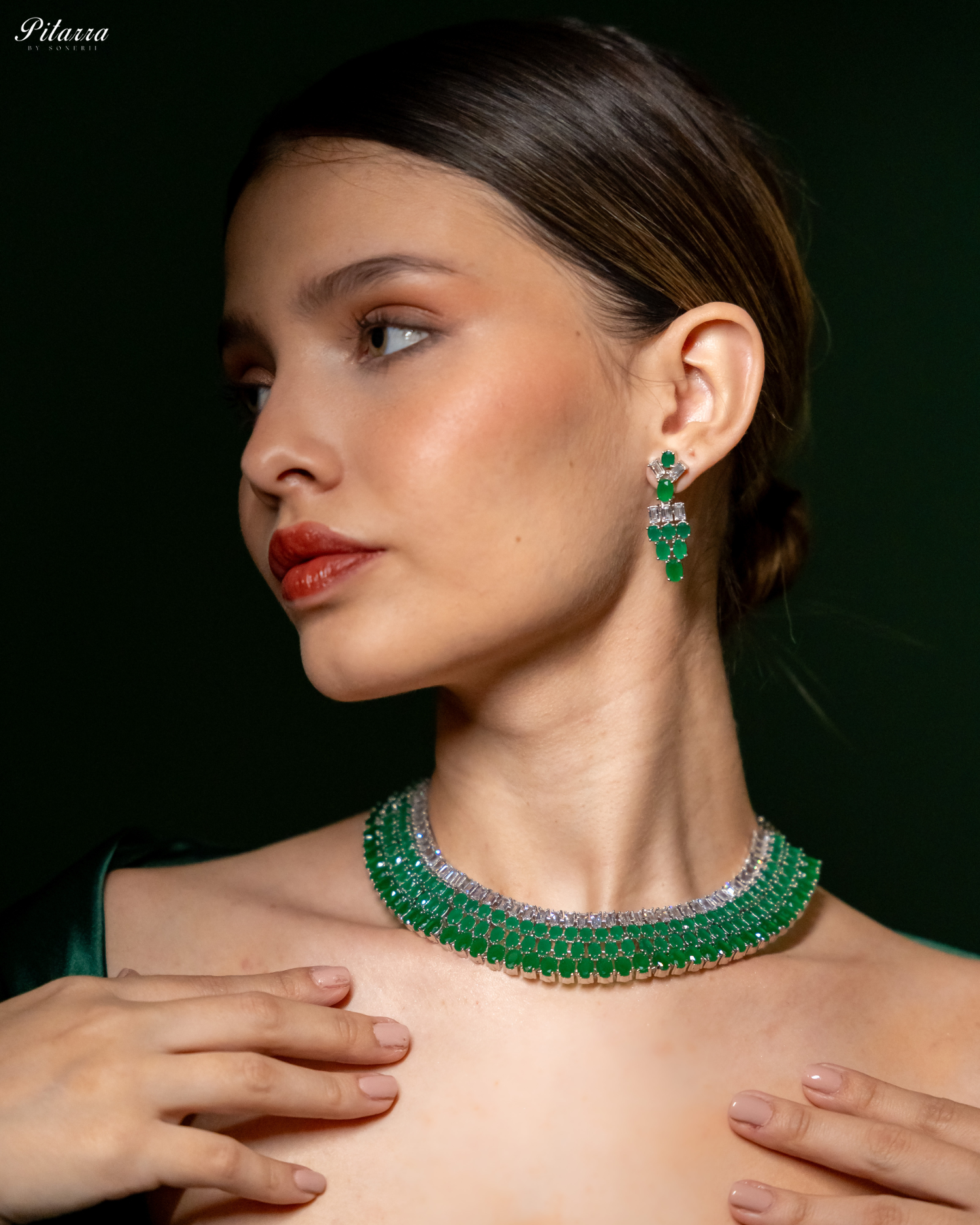 Emerald Green Silver CZ Necklace Set