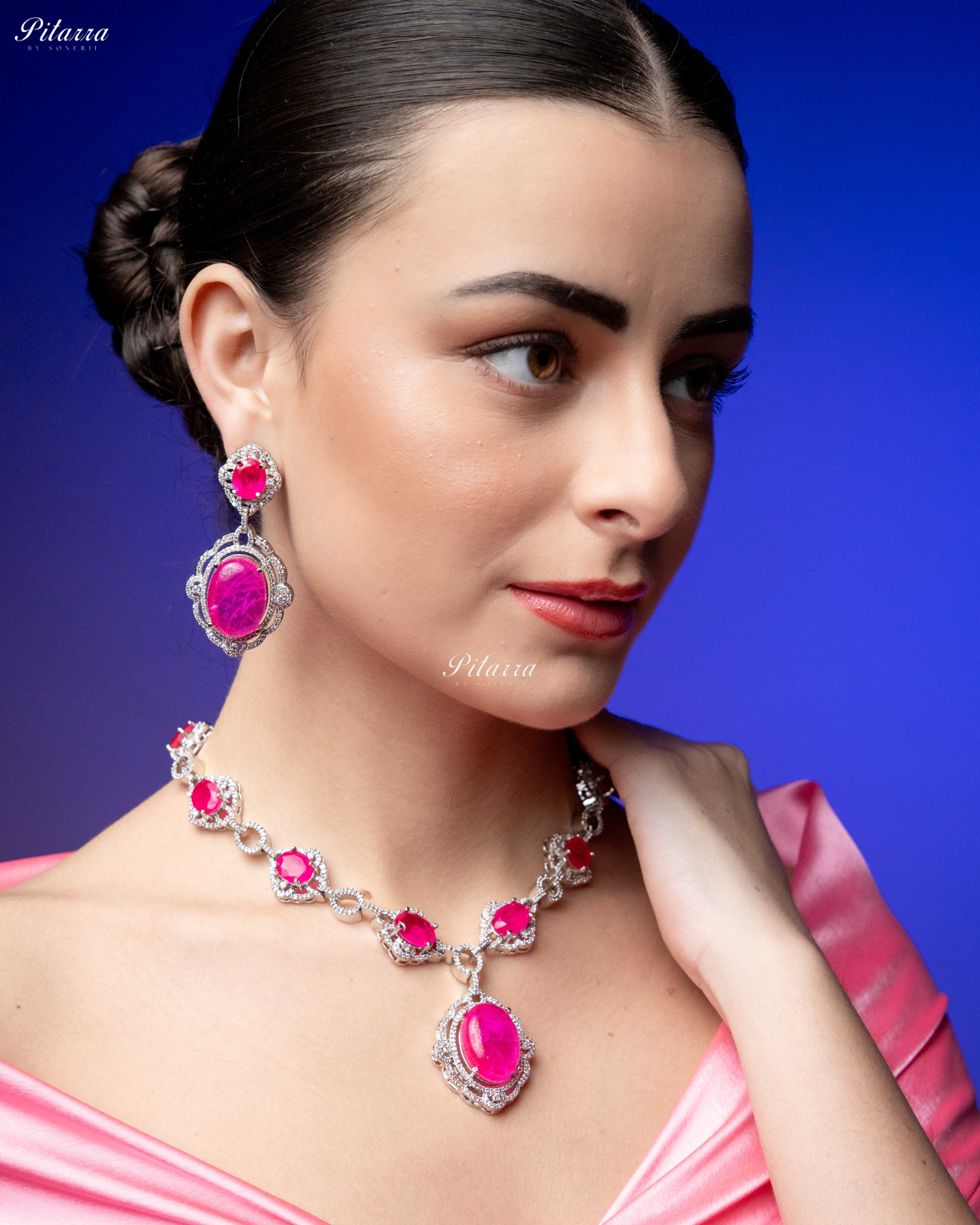 Pink Stone Silver Finish Tone Crystal Necklace Set