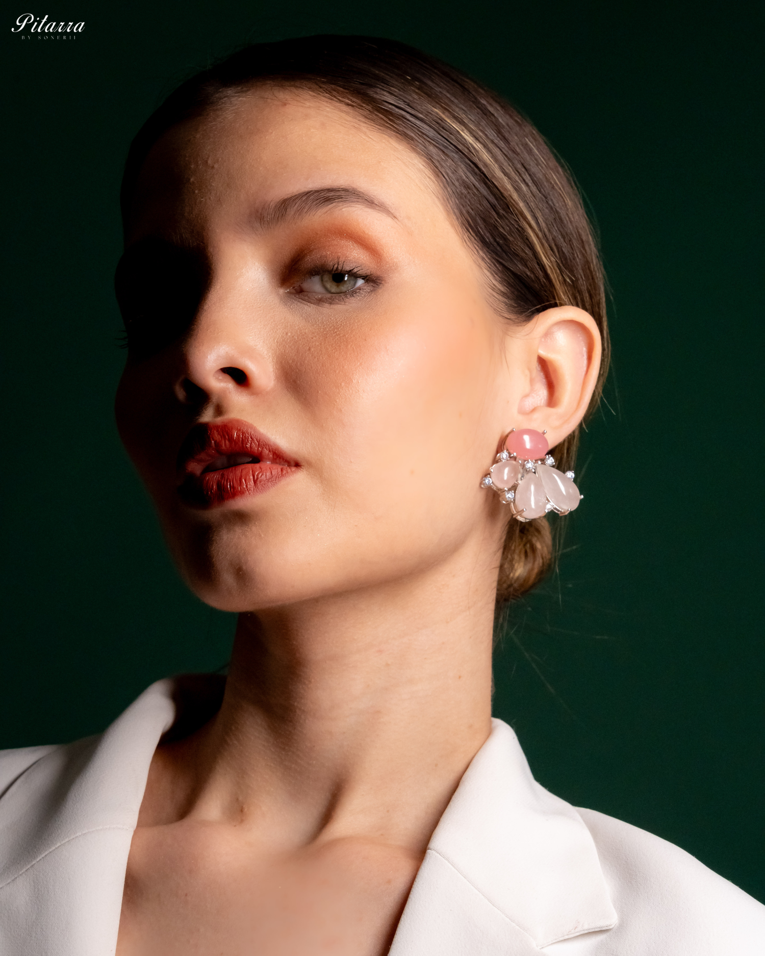 Silver Pink Stone Stud Earrings