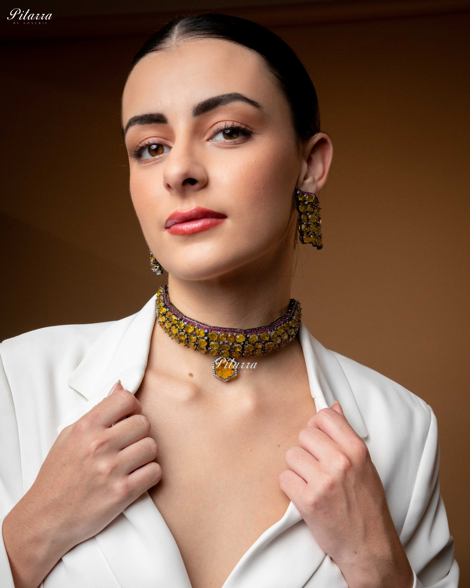 Yellow Stone Purple Lining Crystal Choker Set