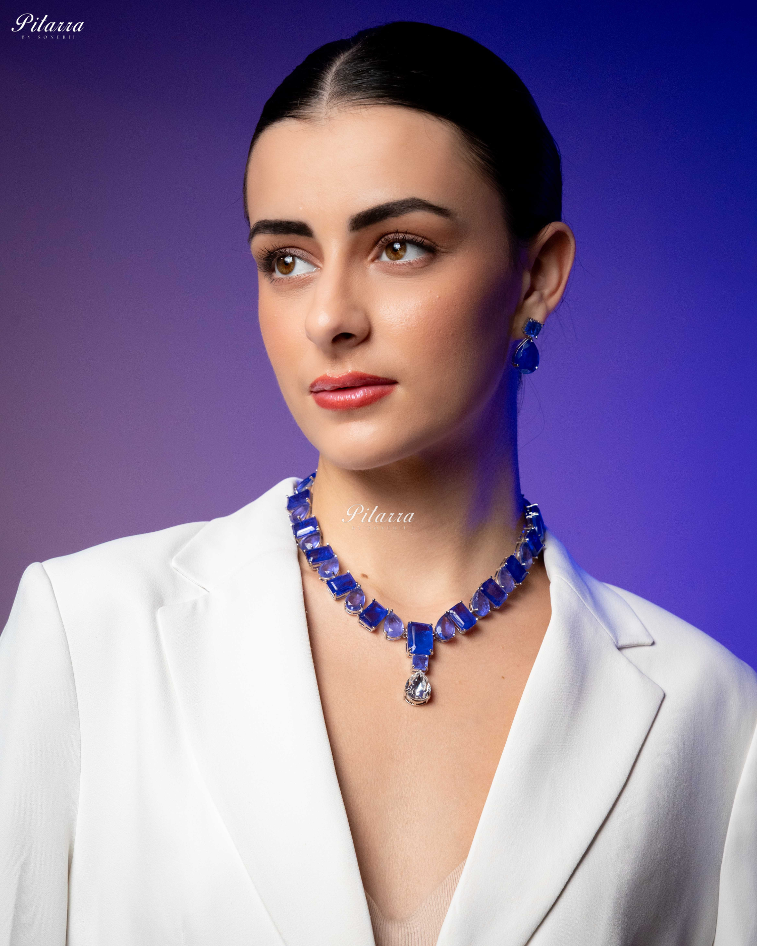 Blue Square and Drop Crystal Necklace Set