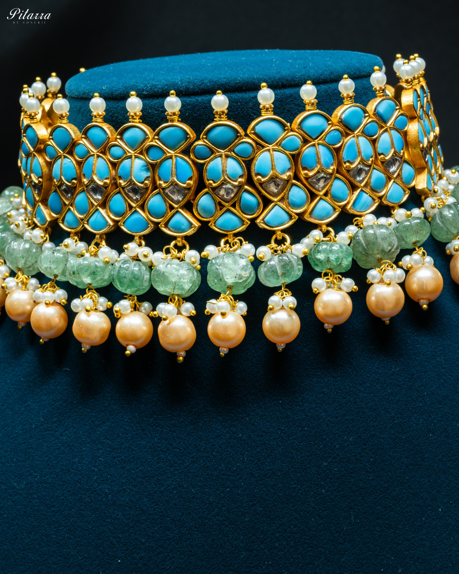 Turquoise Blue Stone Pearls Meenkari Kundan Choker Set