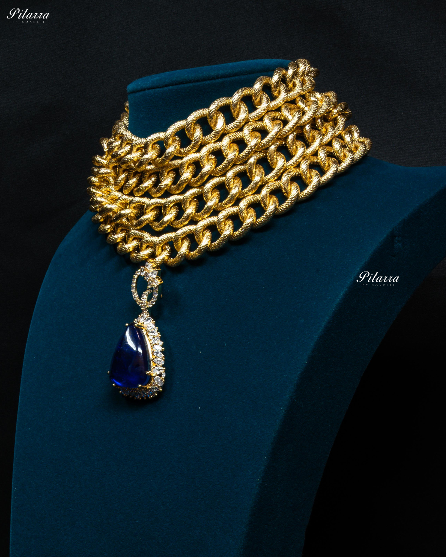 Golden Multilayered Navy Blue Stone Statement Pendant Chain Choker