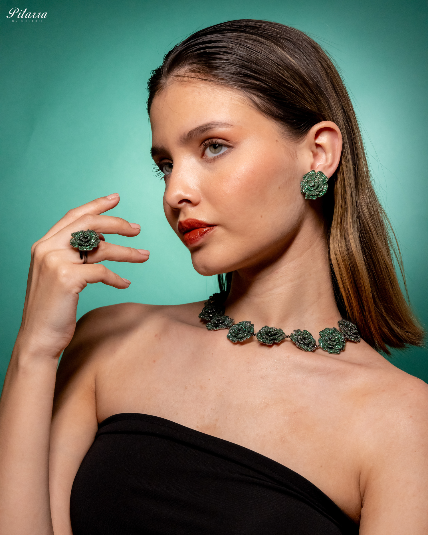 Green Tone Flower CZ Choker Set with Ring