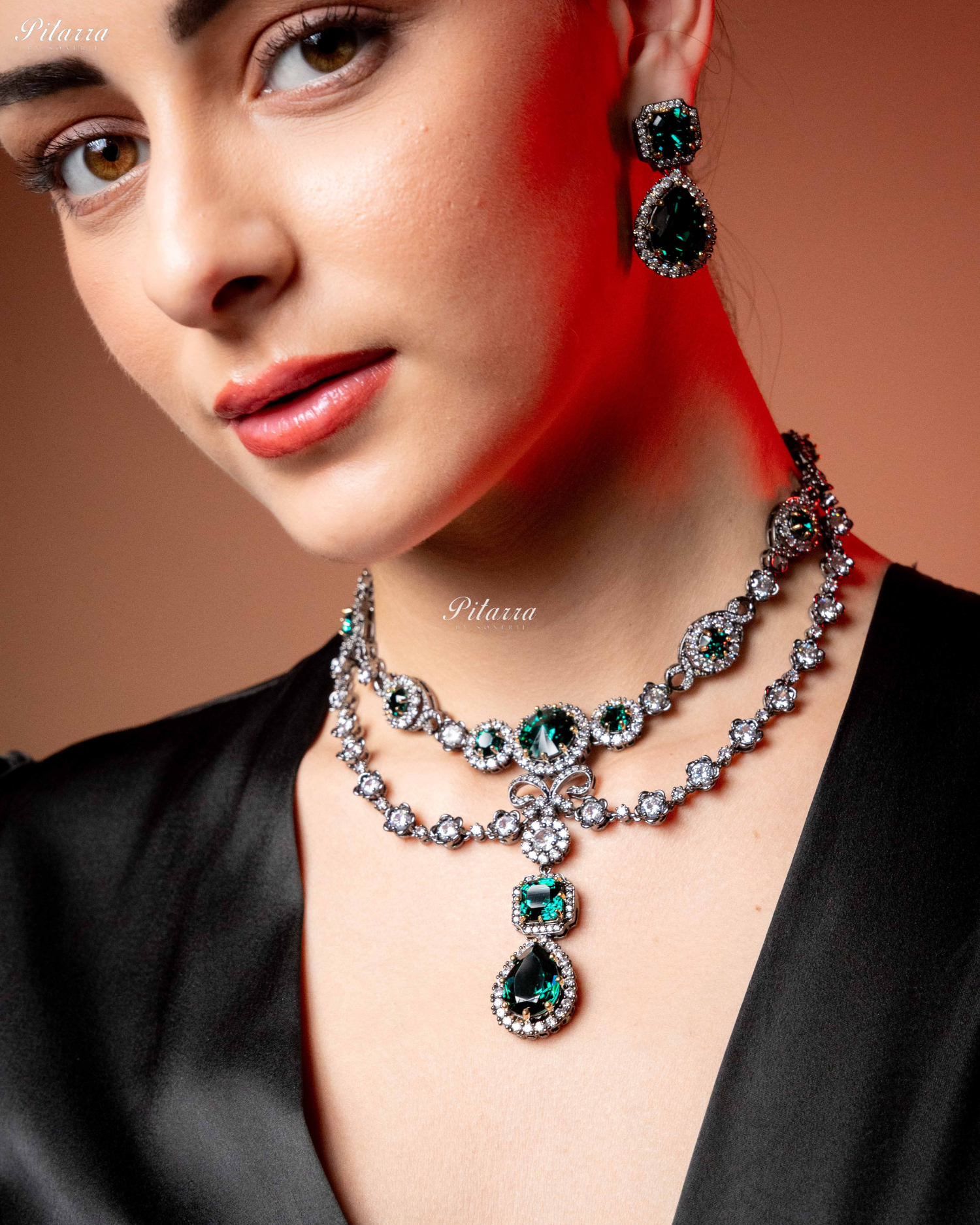 Emerald Two Layer Silver CZ Necklace Set