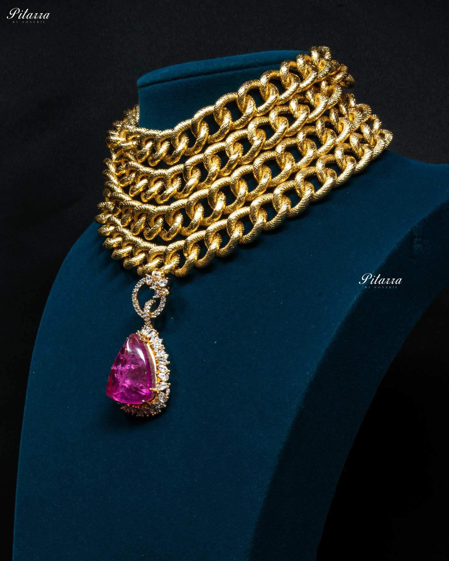 Golden Multilayered Pink Stone Statement Pendant Chain Choker