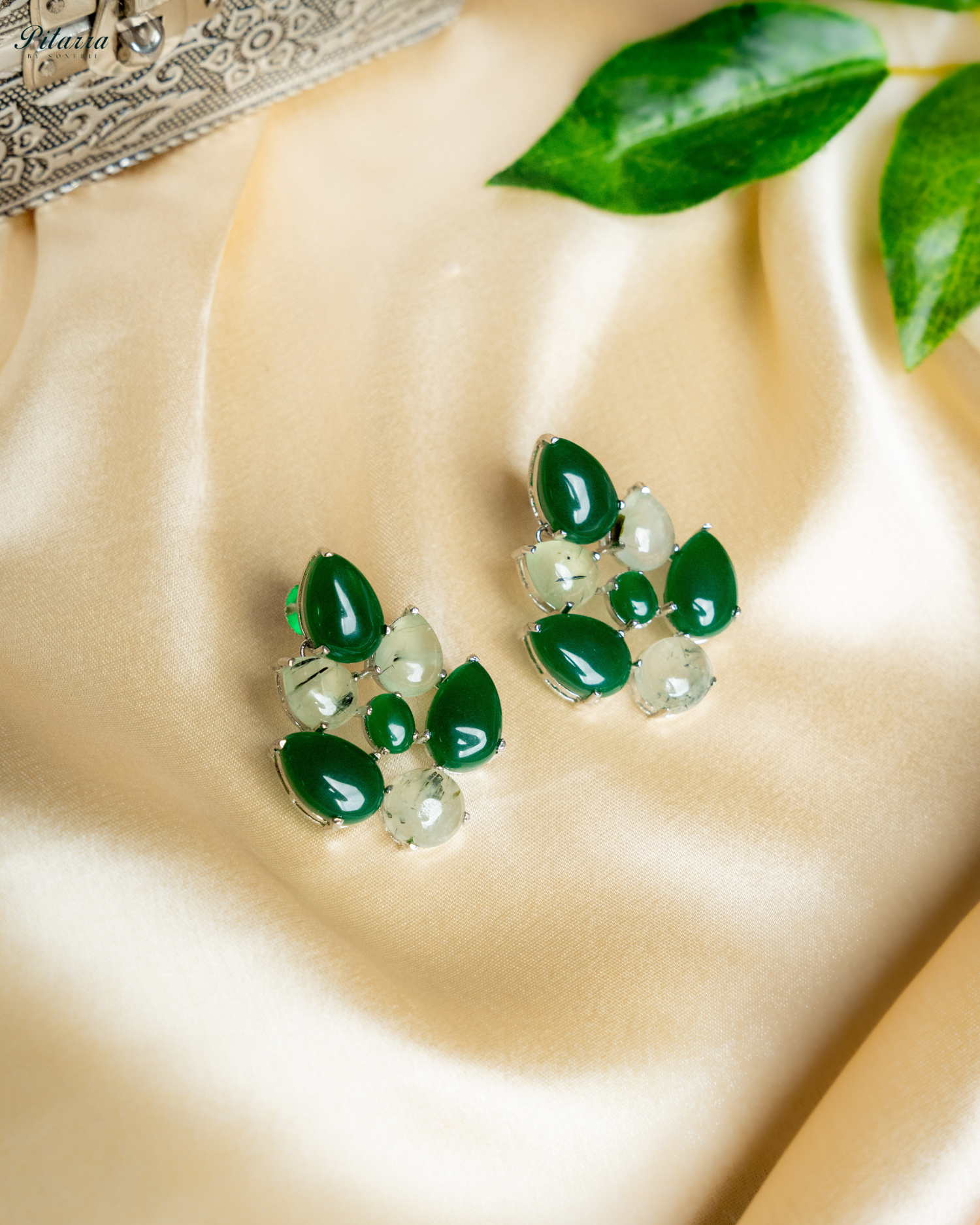 White Green Ethnic Stud Earrings
