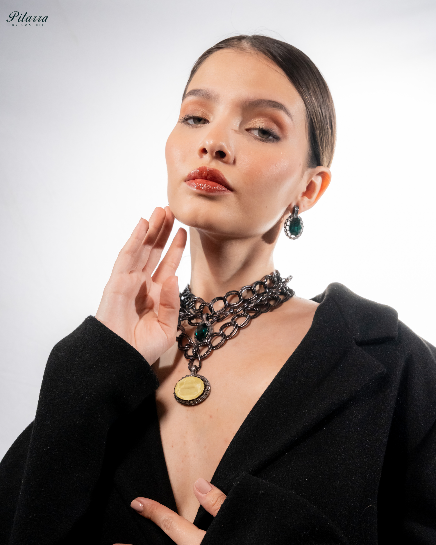 Yellow and Green Statement Pendant Chain Choker