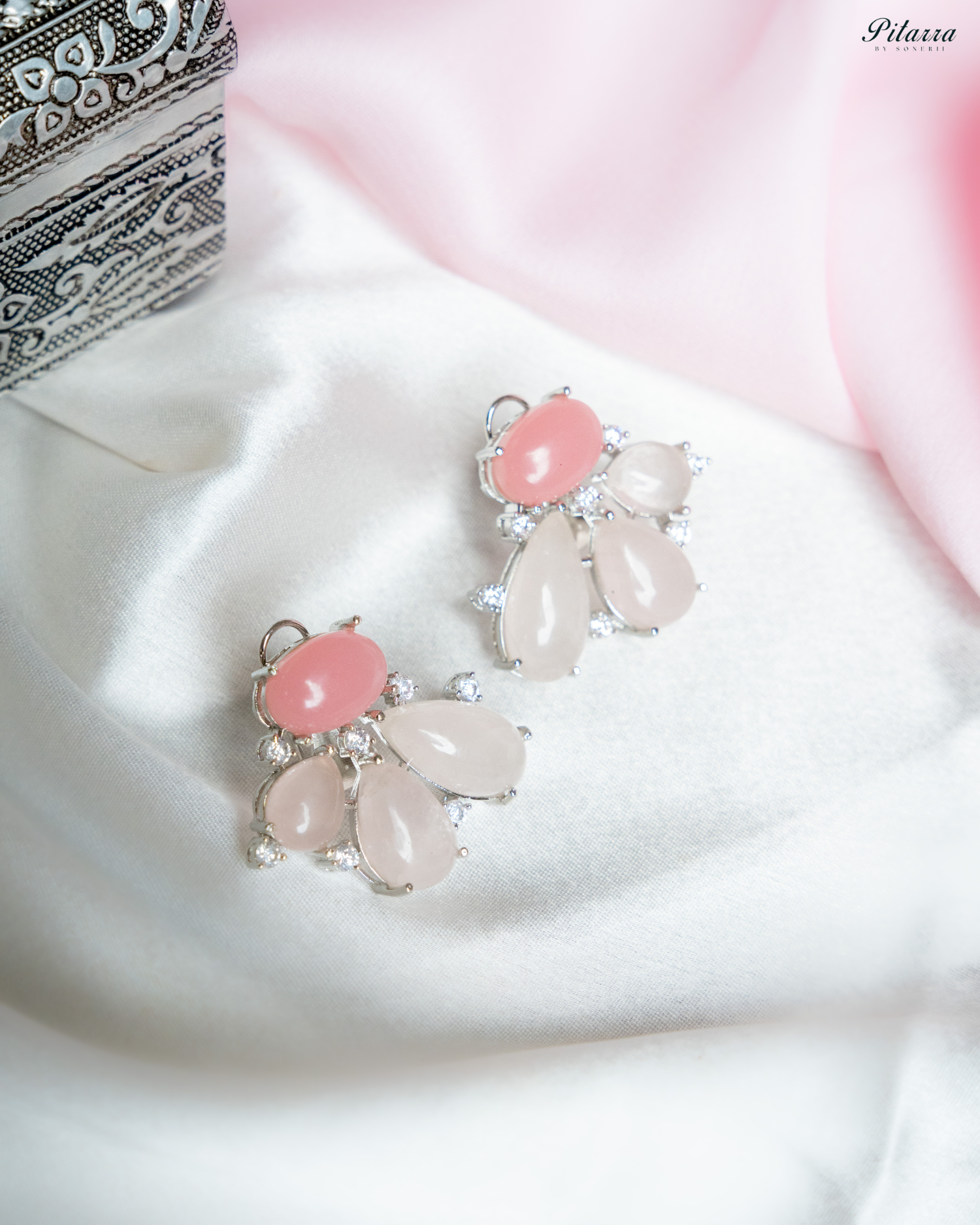 Silver Pink Stone Stud Earrings