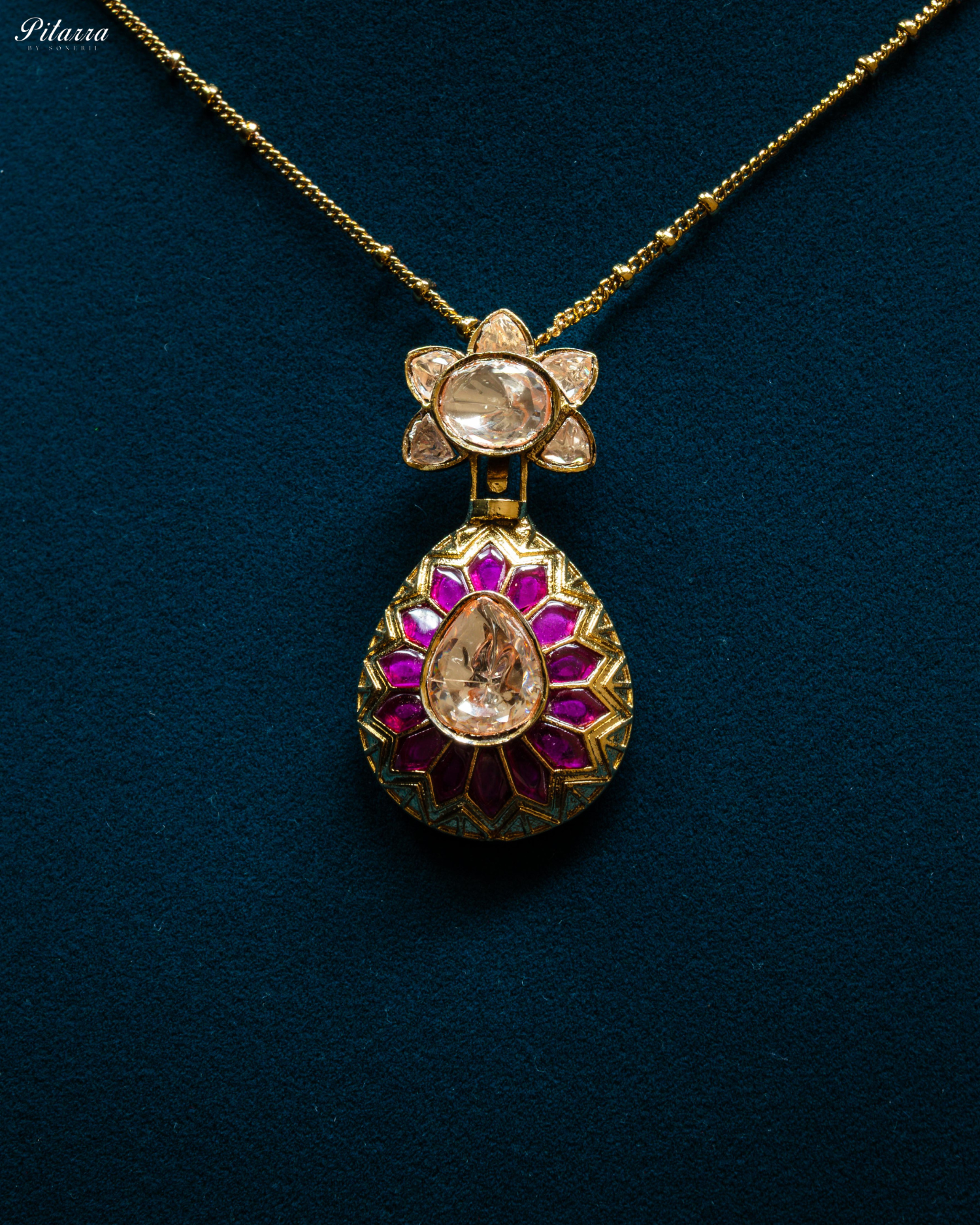 Pink Floral Polki Kundan Pendant Set