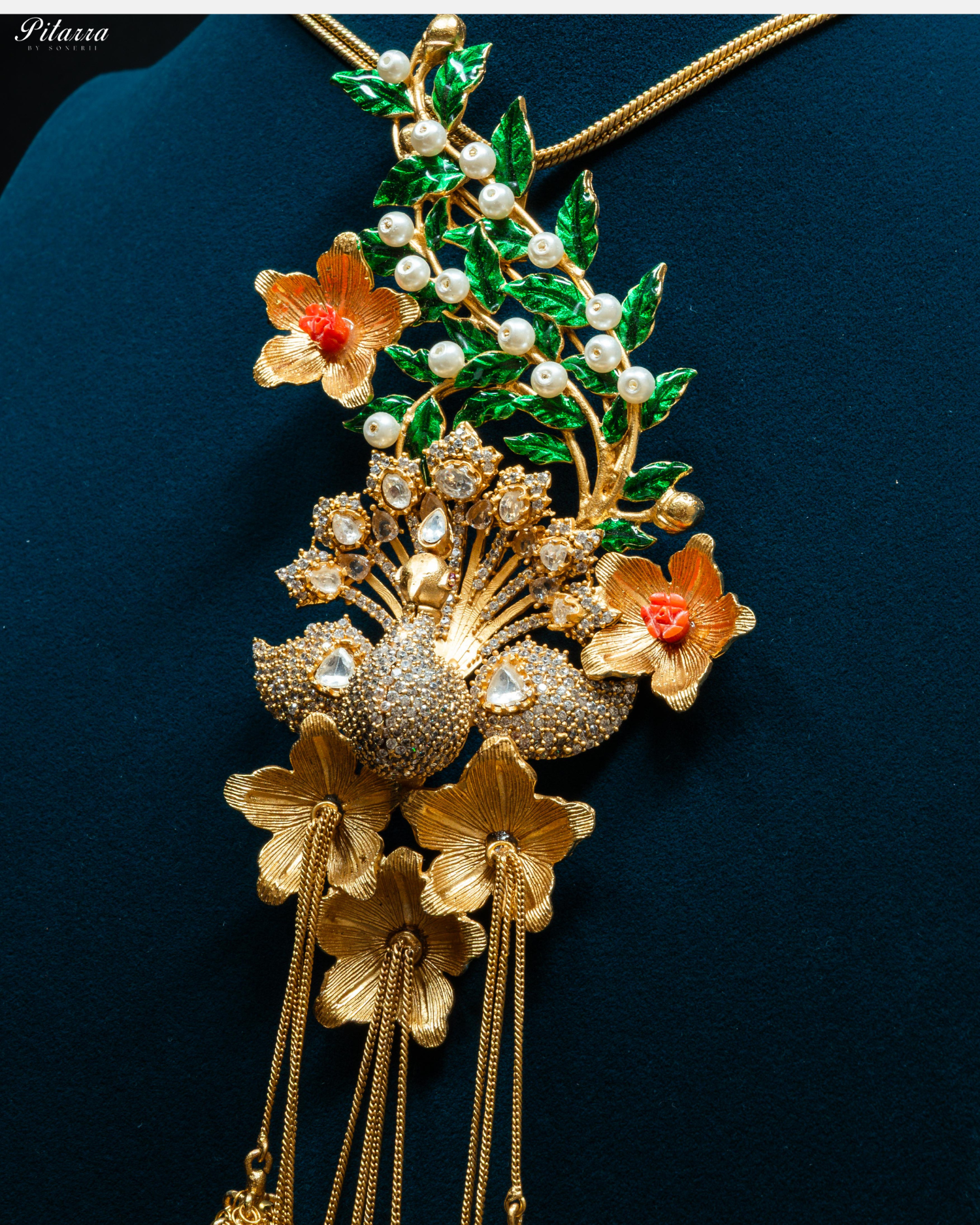 Emerald Leaf White Crystal Peacock Design Meenakari Necklace Set