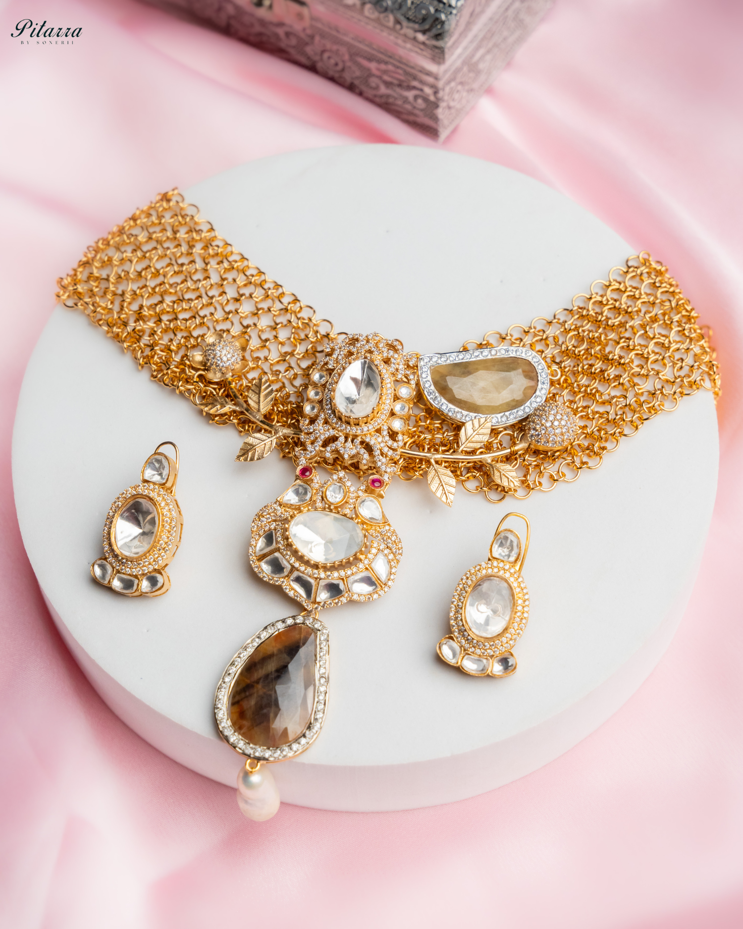 Antique Finish Golden Crystal Stone Kundan Set