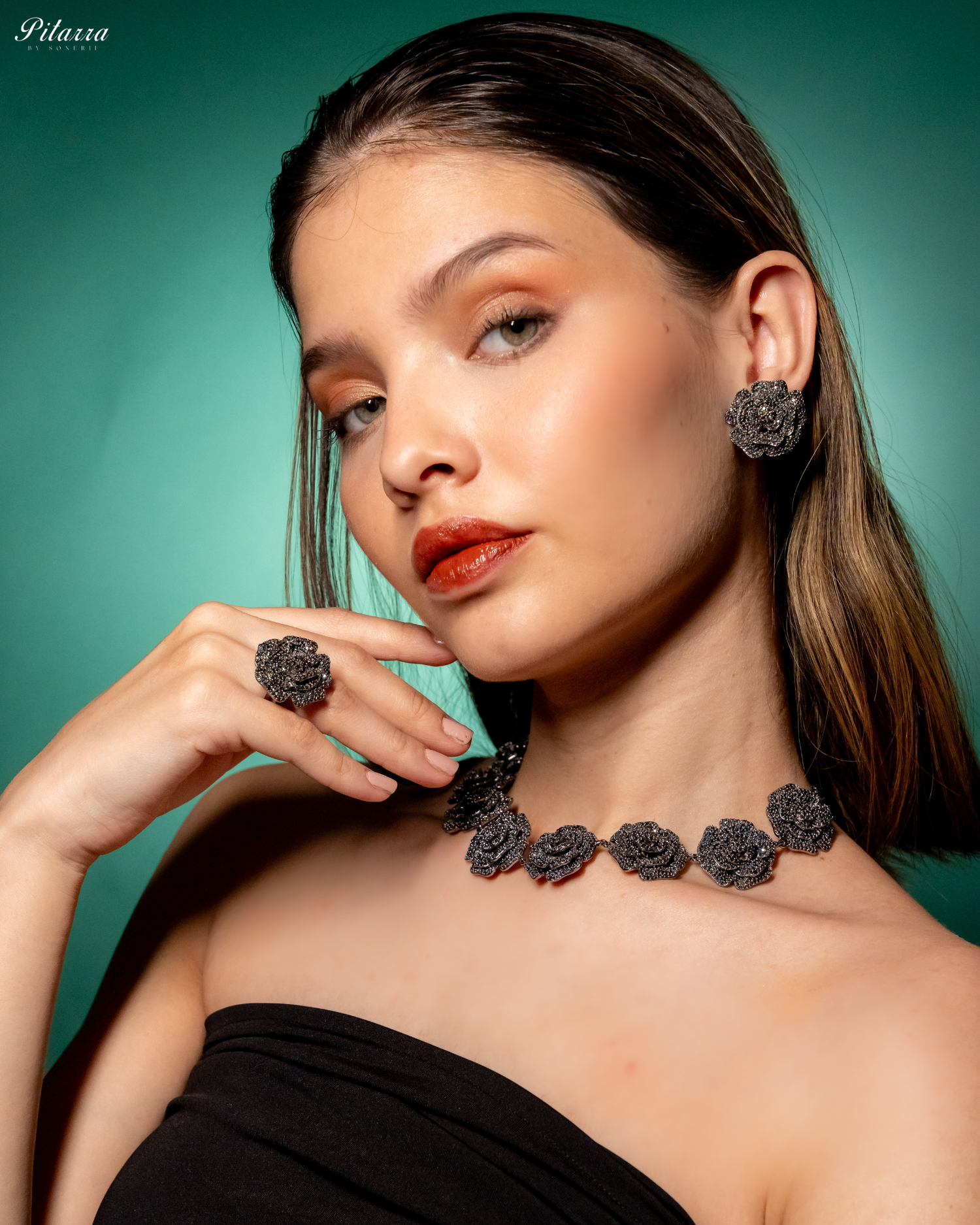 Black Tone Flower CZ Choker Set with Ring