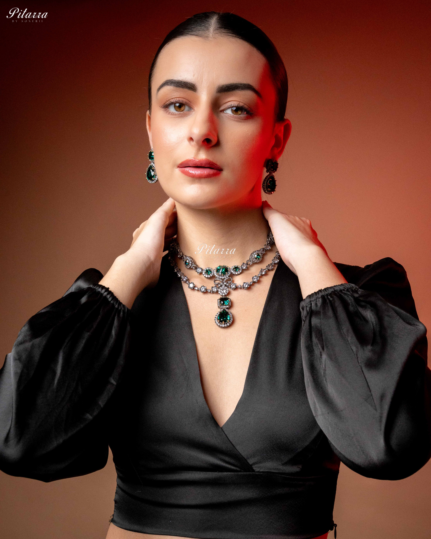 Emerald Two Layer Silver CZ Necklace Set