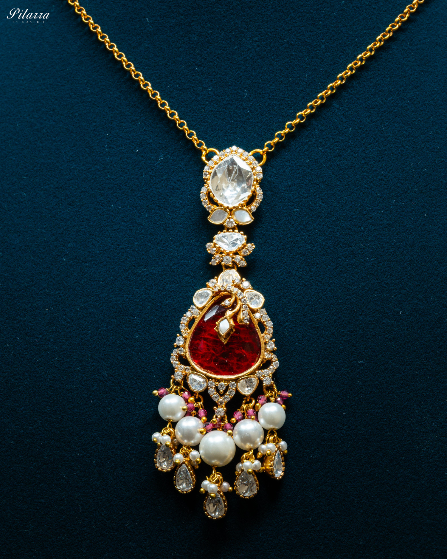 Red Stone Gold Plated Beaded Traditional Necklace Set