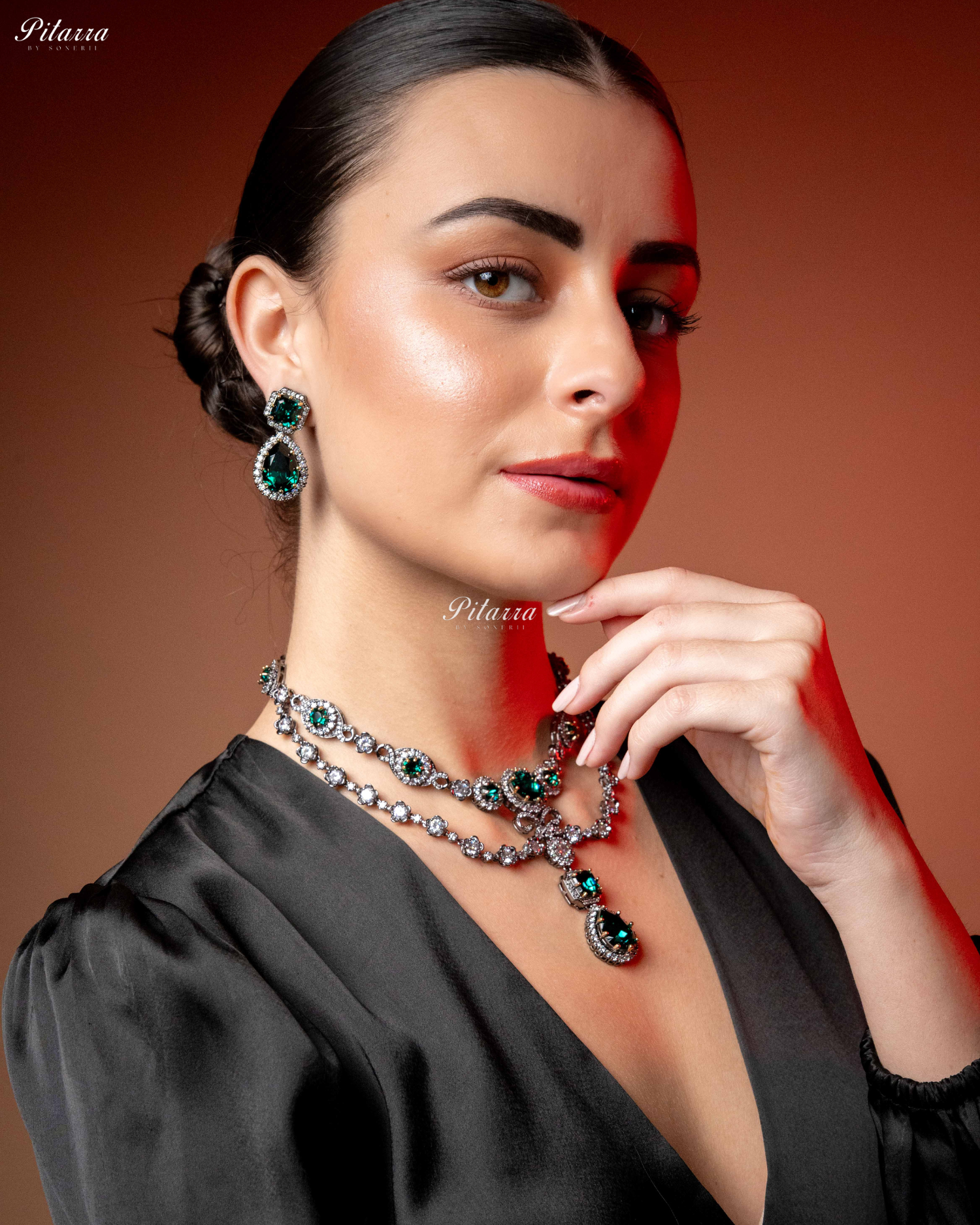 Emerald Two Layer Silver CZ Necklace Set