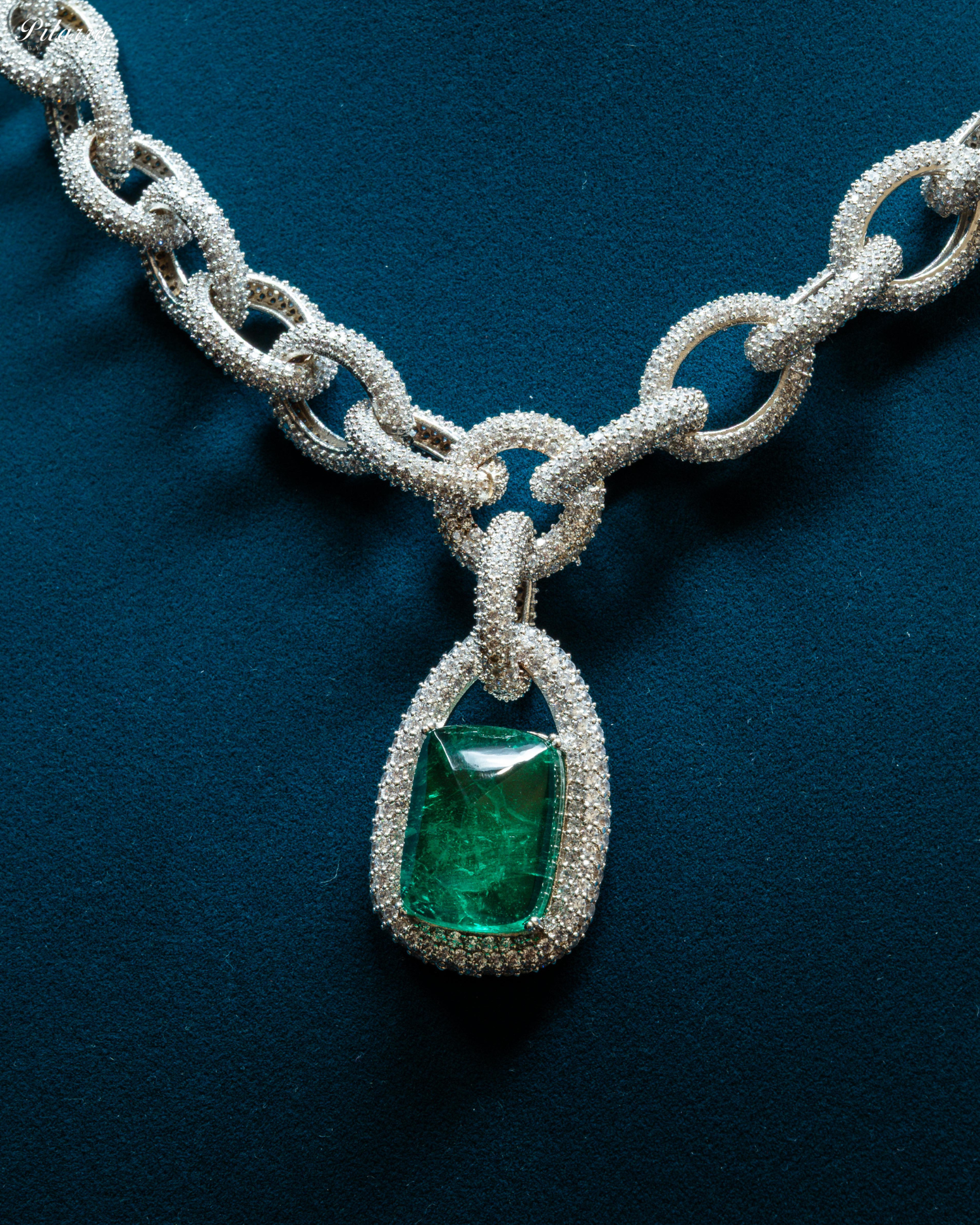 Emerald Stone Silver Chain CZ Necklace Set