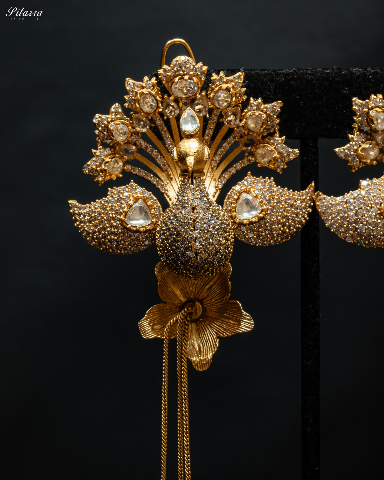 Emerald Leaf White Crystal Peacock Design Meenakari Necklace Set