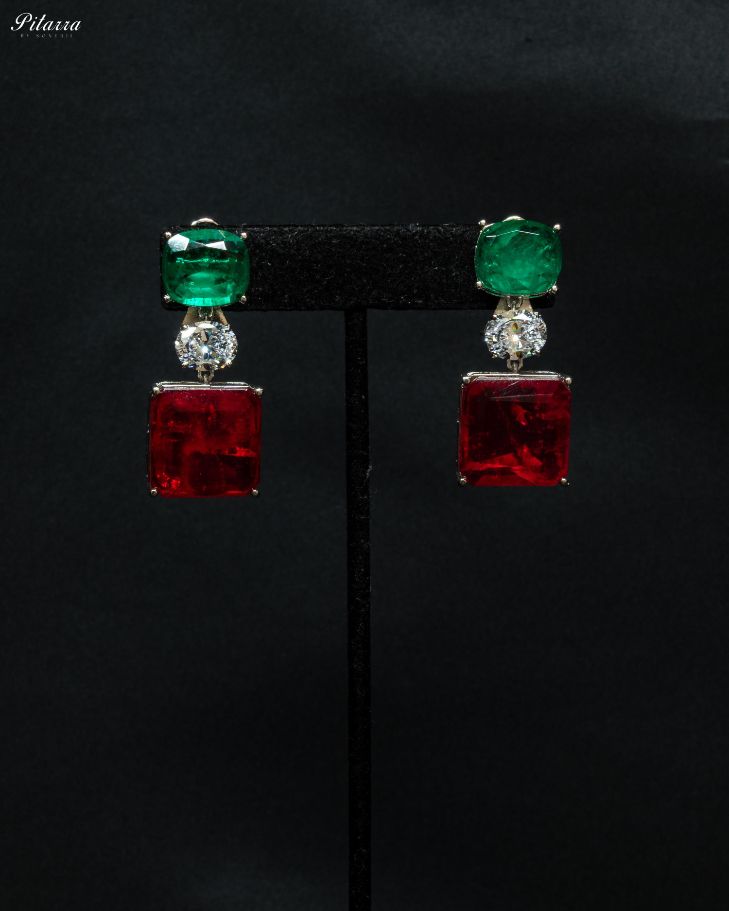 Silver Finish Red Square Crystal Necklace Set