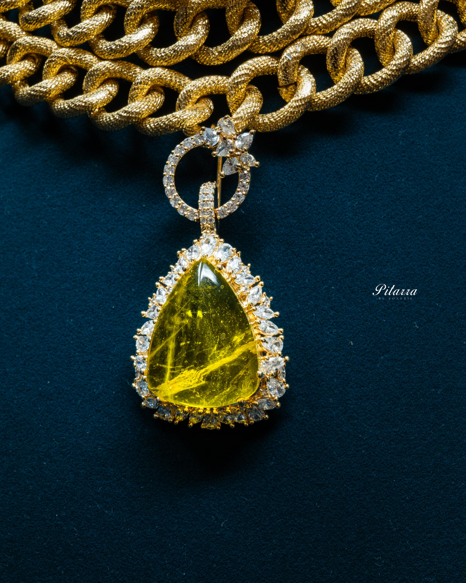 Golden Multilayered Yellow Stone Statement Pendant Chain Choker