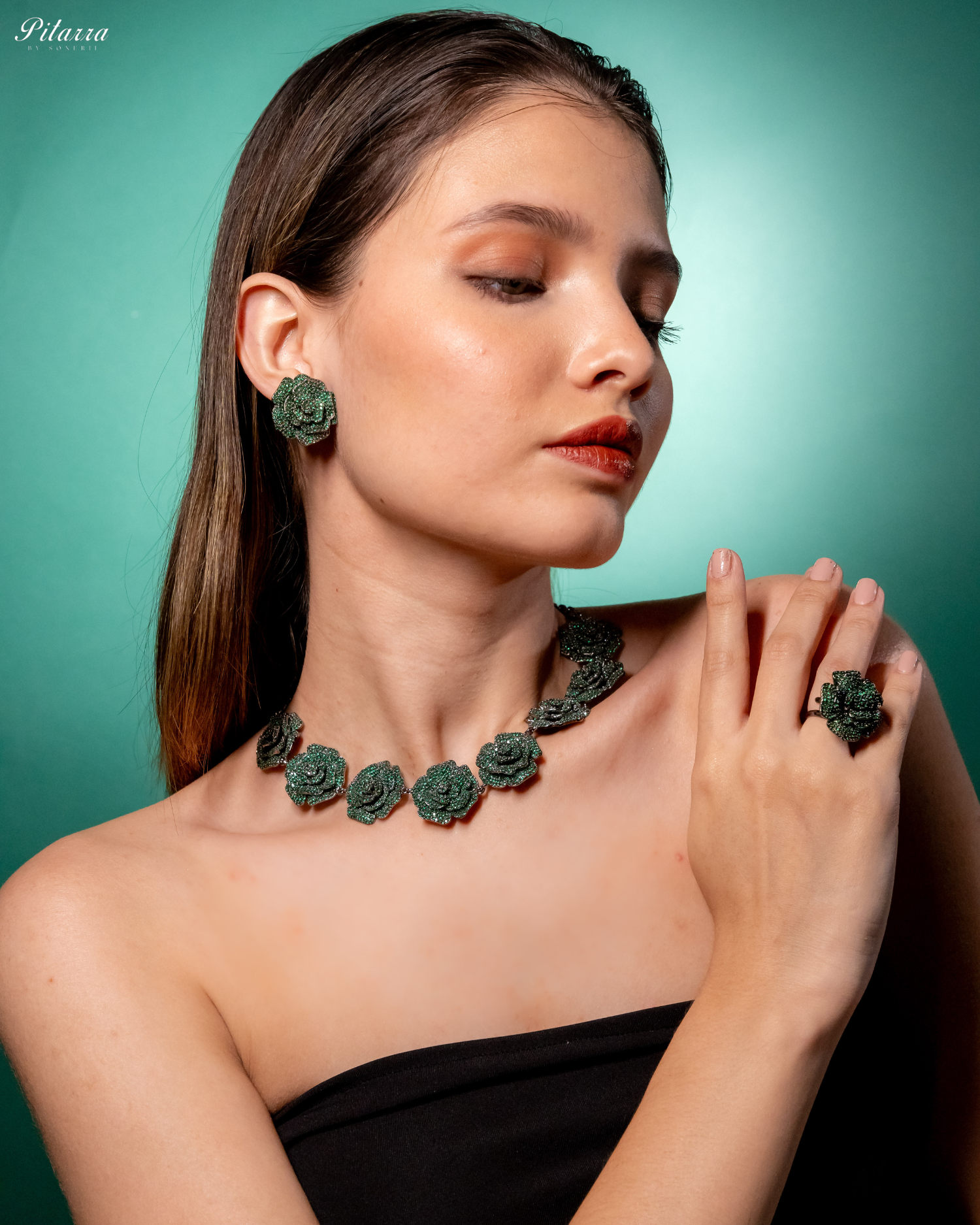 Green Tone Flower CZ Choker Set with Ring