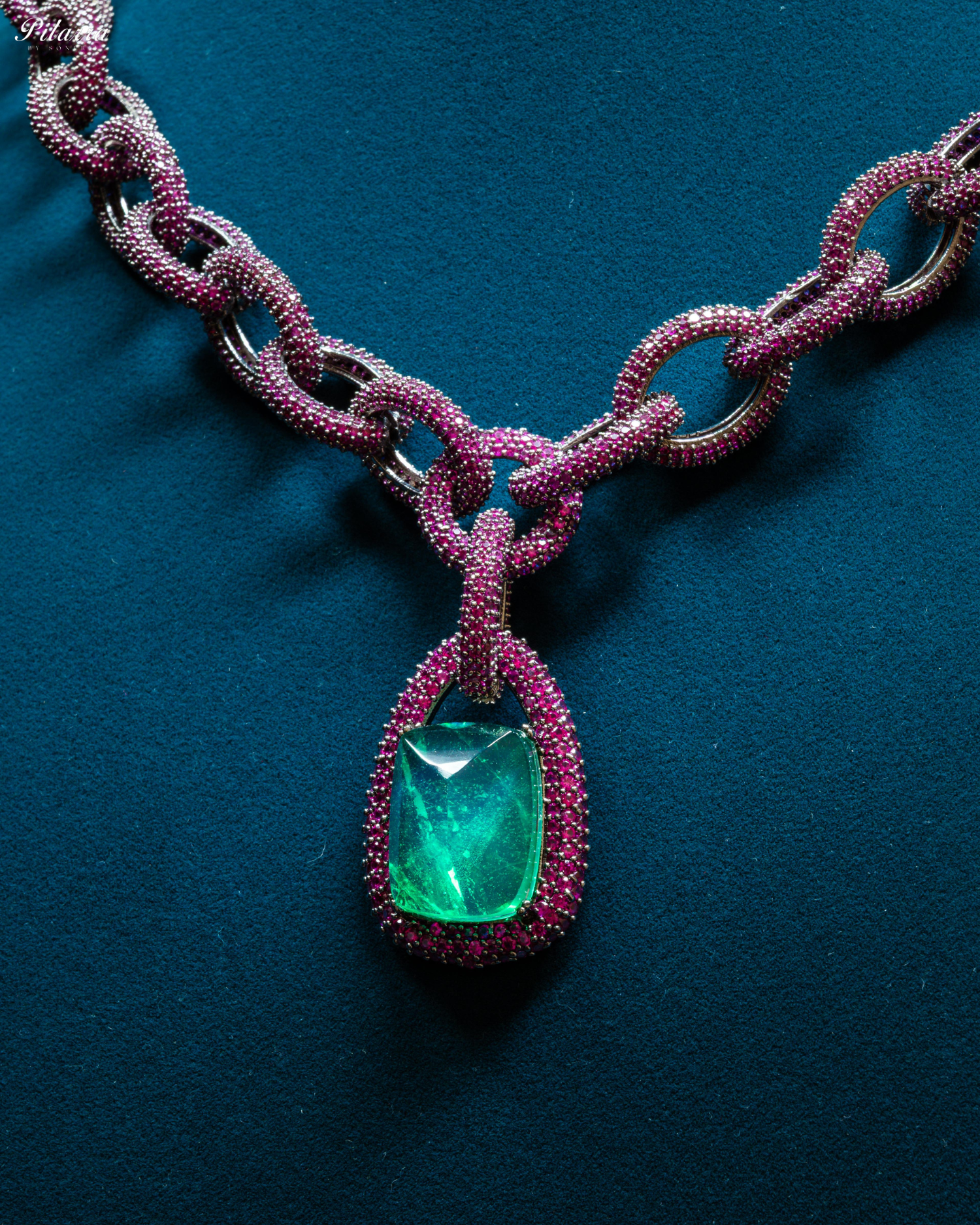 Emerald Stone Pink Chain CZ Necklace Set