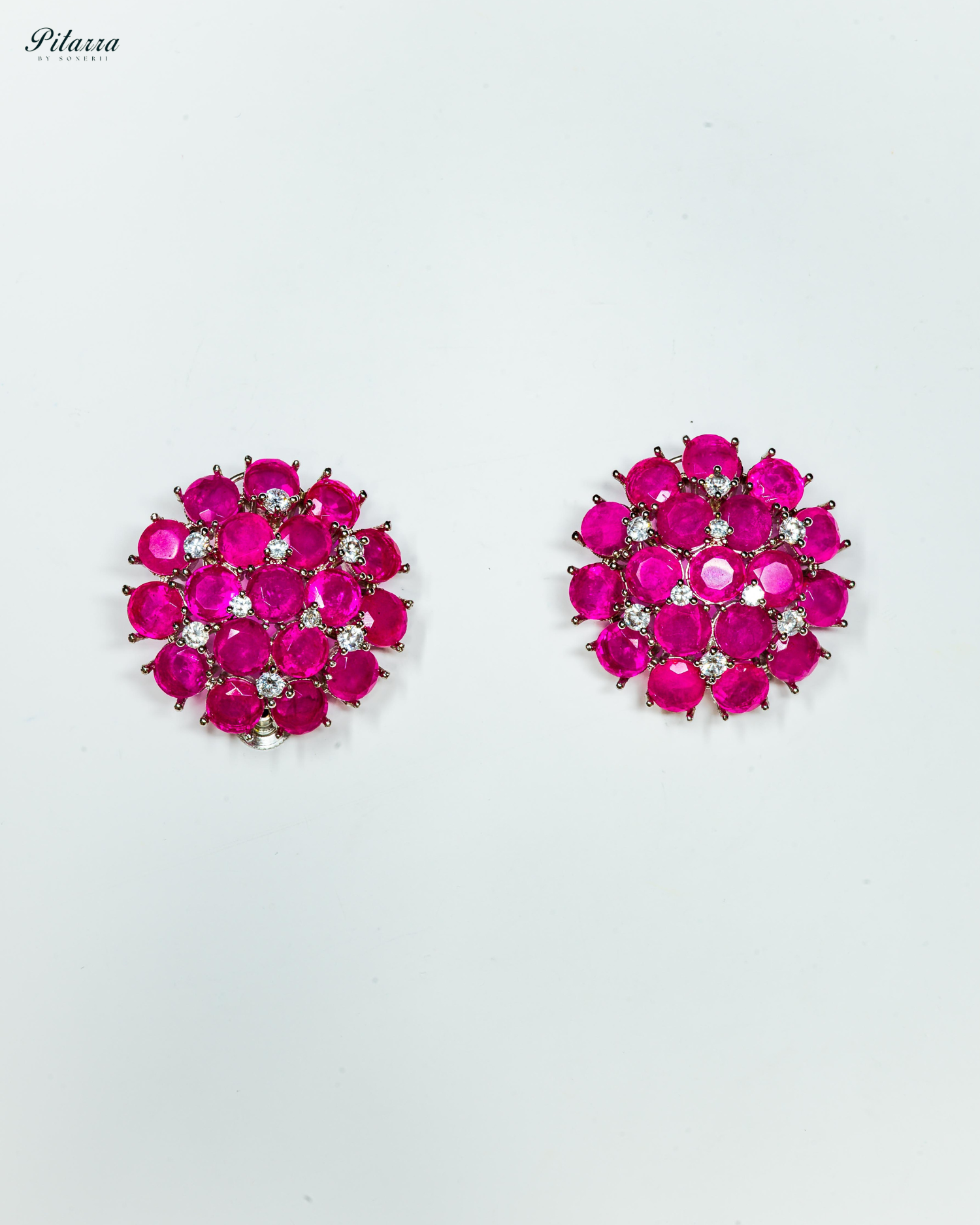 Pink Stone Silver Crystal Stud Earrings