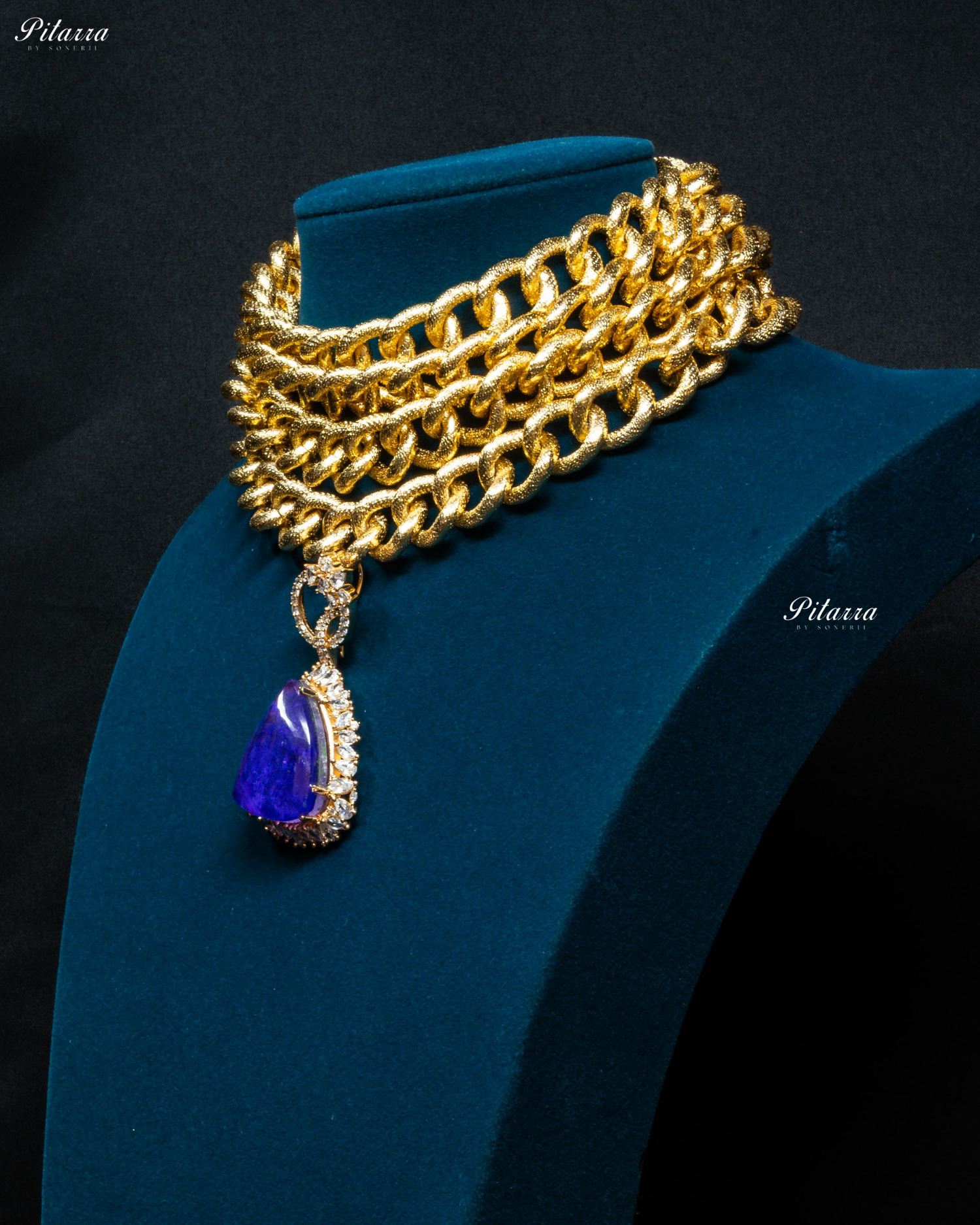 Golden Multilayered Blue Stone Statement Pendant Chain Choker