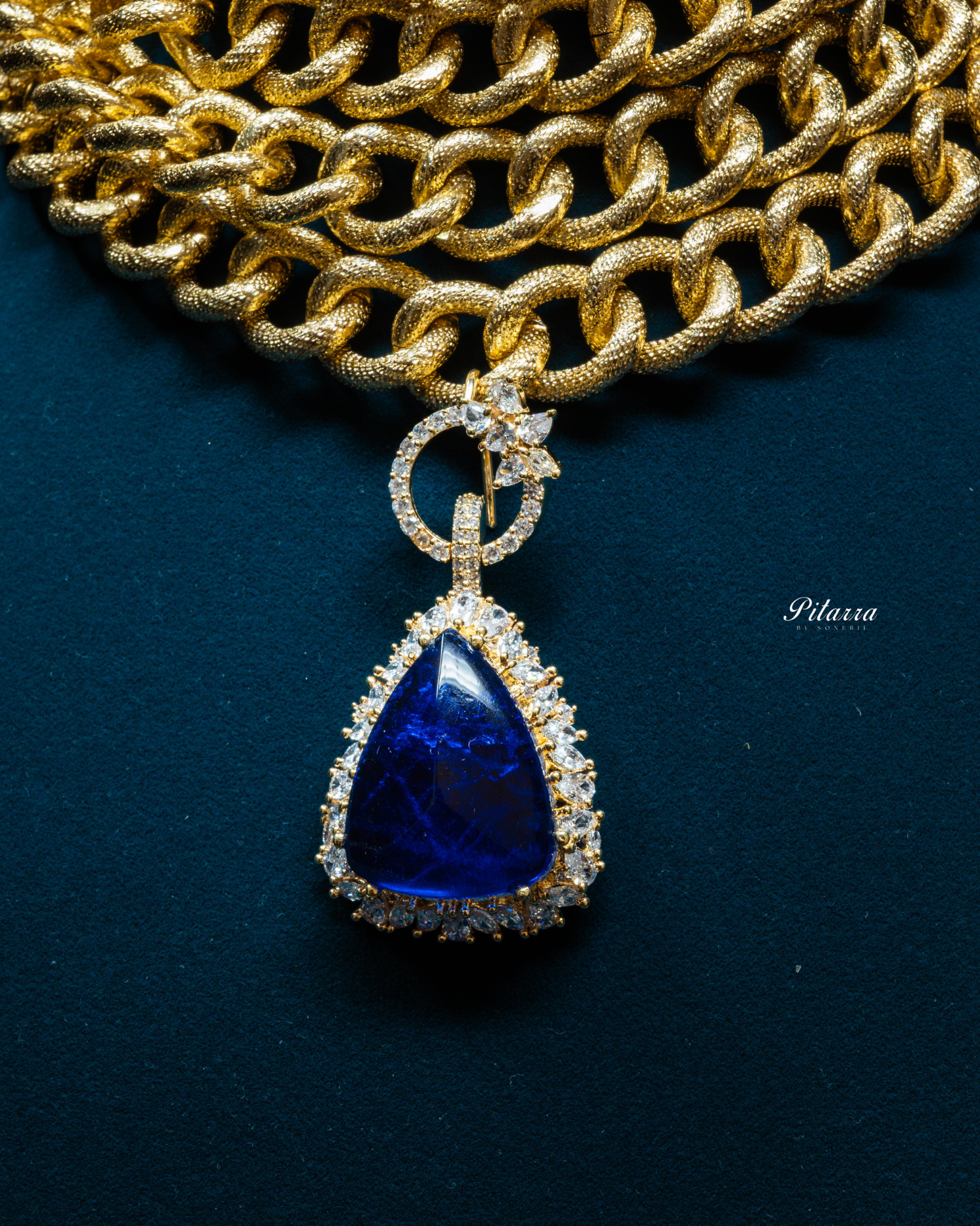 Golden Multilayered Dark Blue Stone Statement Pendant Chain Choker
