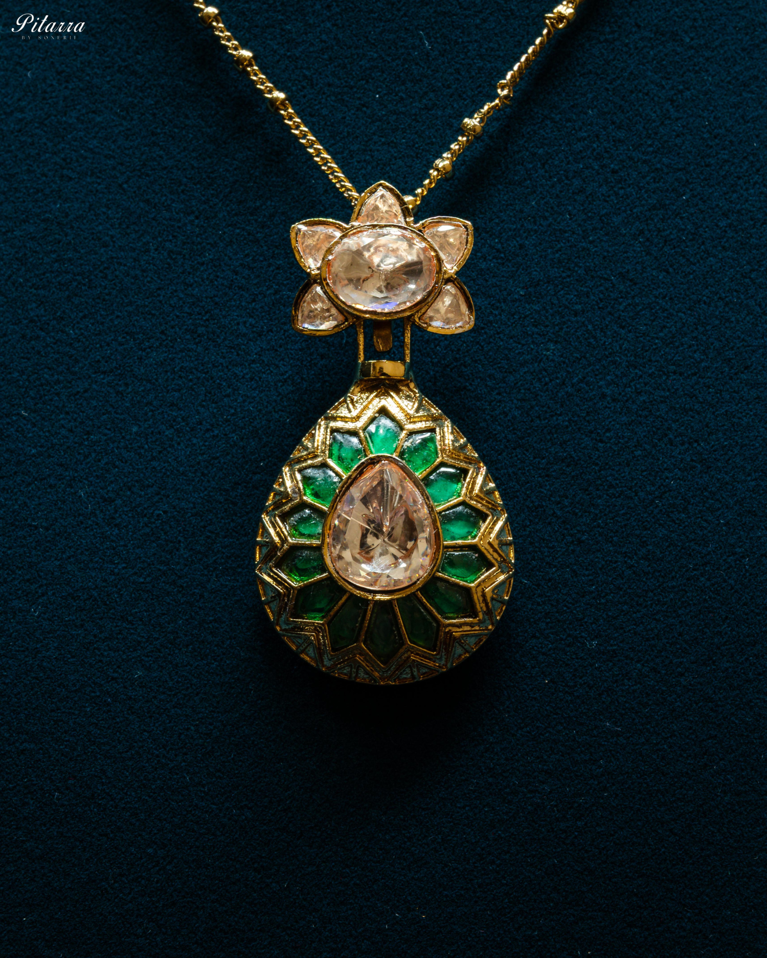 Emerald Floral Polki Kundan Pendant Set