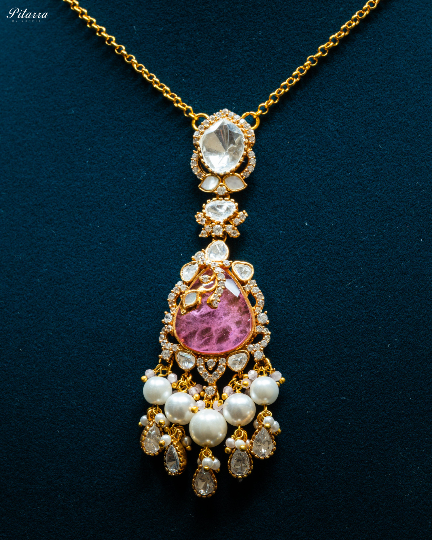 Pink Stone Gold Plated Beaded Traditional Necklace Set