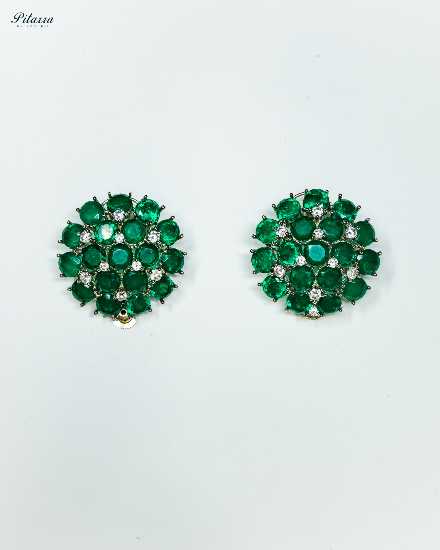 Emerald Stone Silver Crystal Stud Earrings