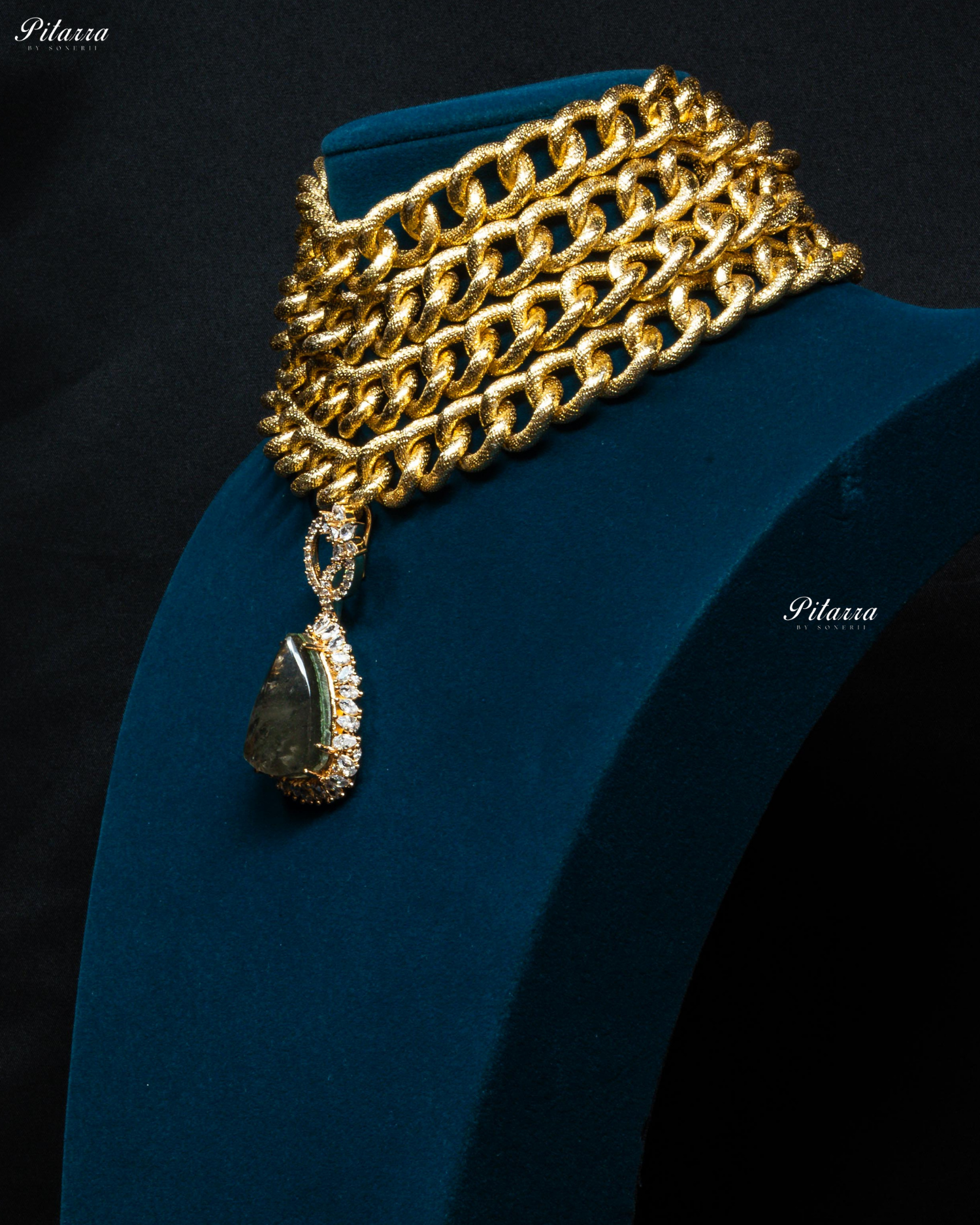 Golden Multilayered Grey Stone Statement Pendant Chain Choker
