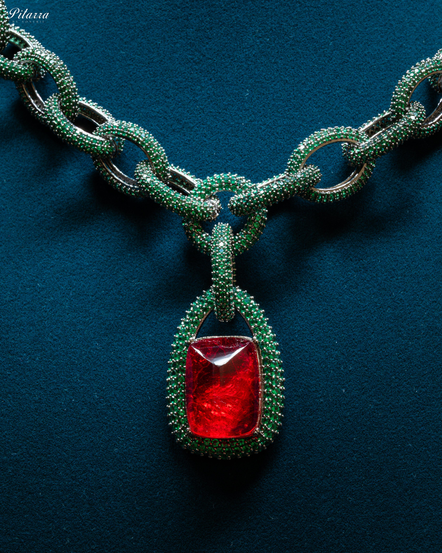 Red Stone Green Chain CZ Necklace Set
