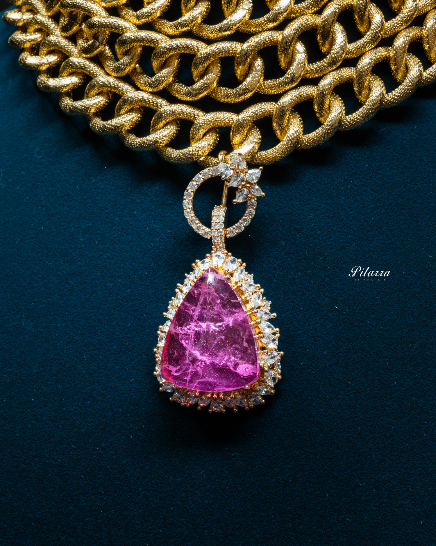 Golden Multilayered Pink Stone Statement Pendant Chain Choker