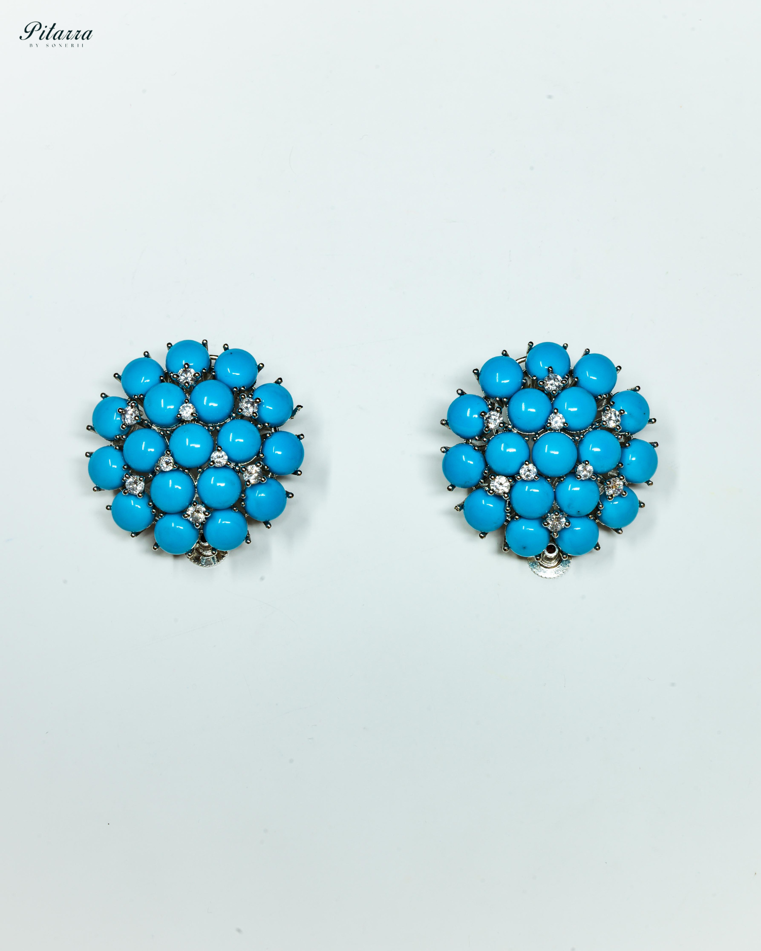 Turquoise Blue Stone Silver Crystal Stud Earrings