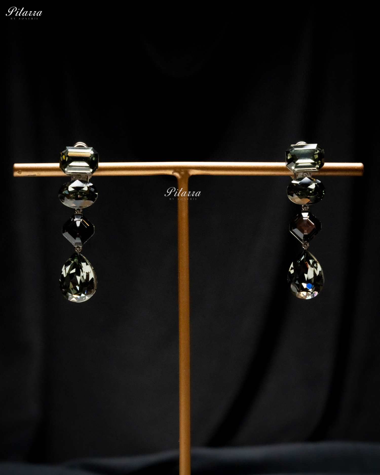 Black Stone Studded Geometric Crystal Drop Earrings