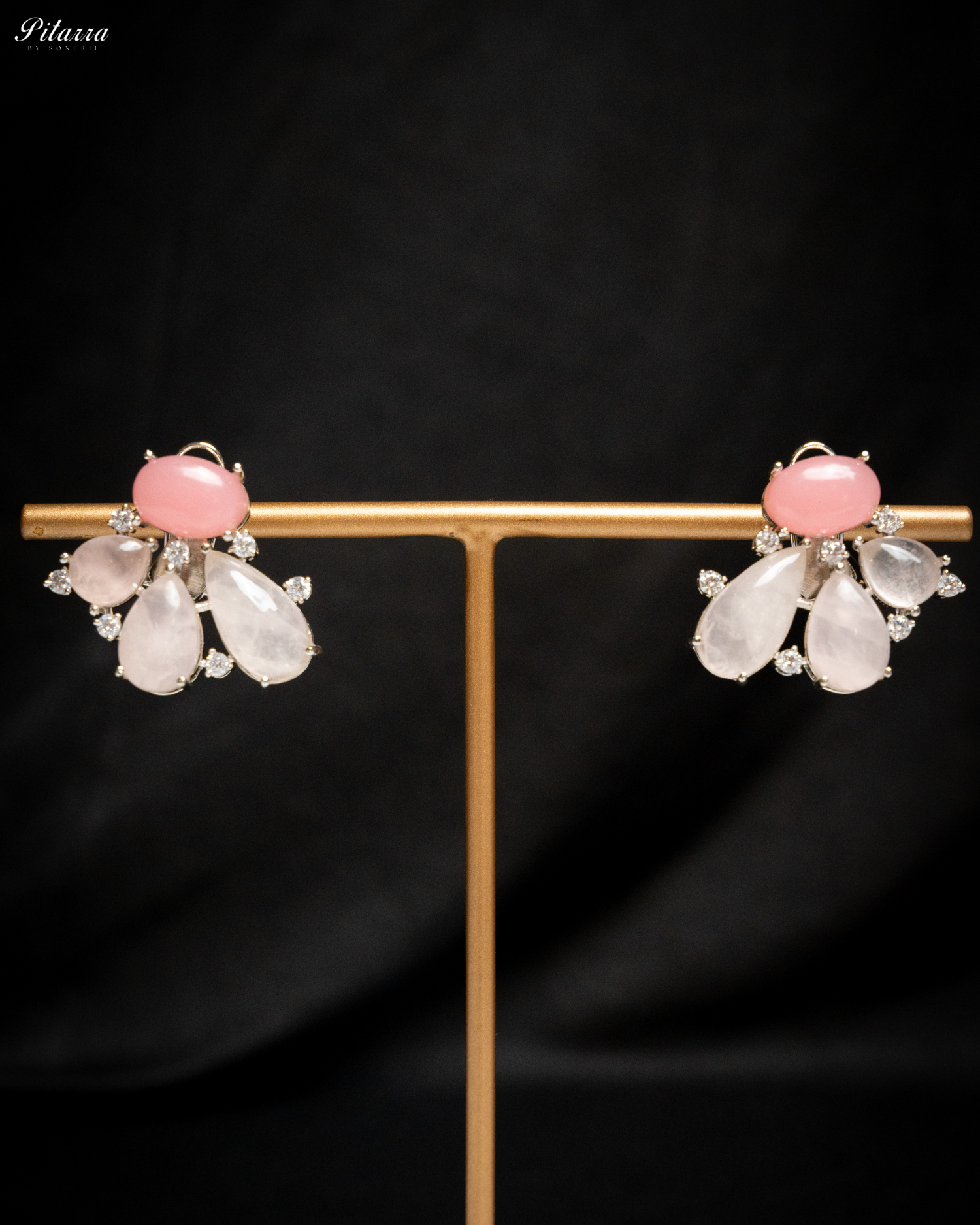 Silver Pink Stone Stud Earrings