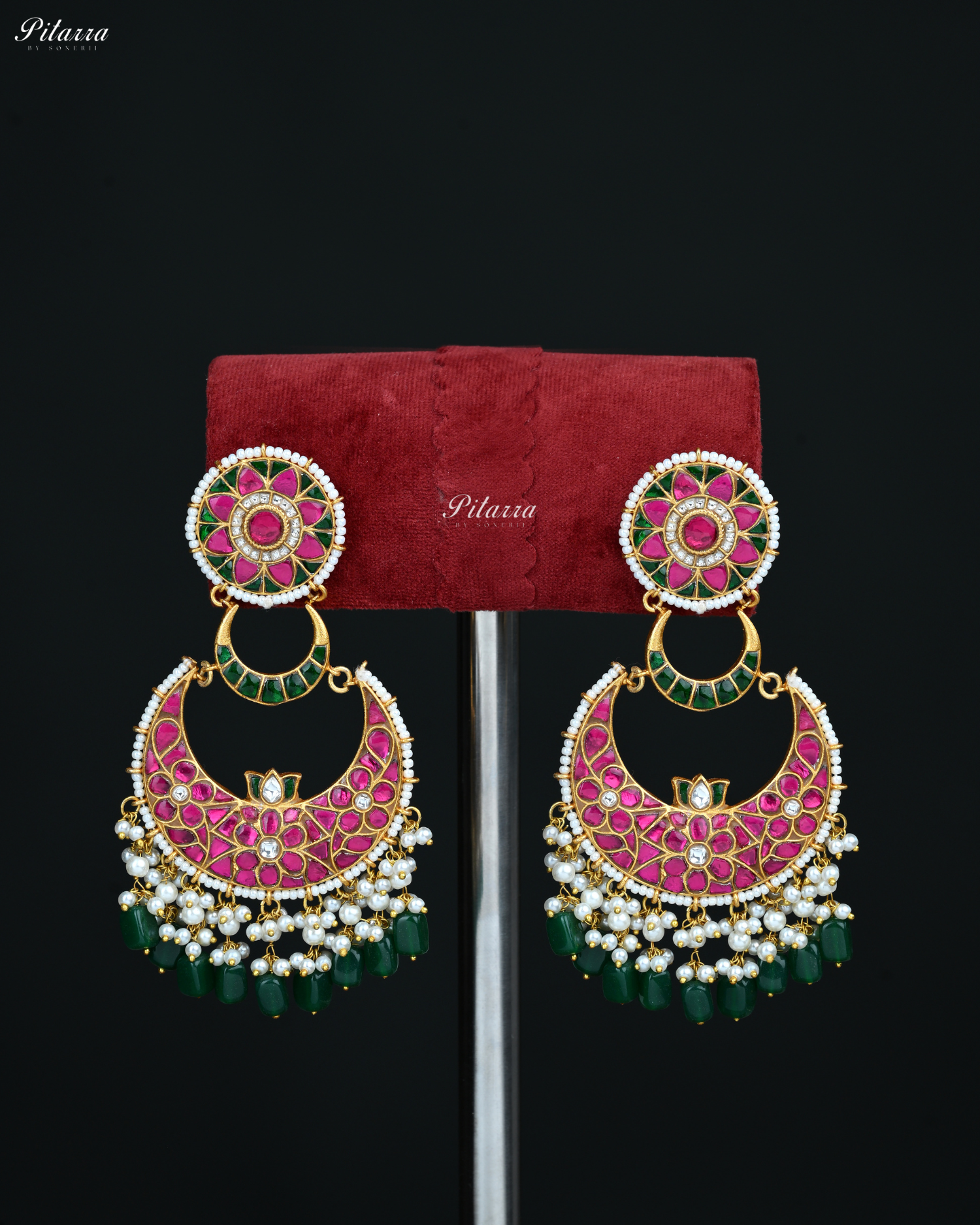 Gold Finish Pink Stone Kundan Chandbali Earrings