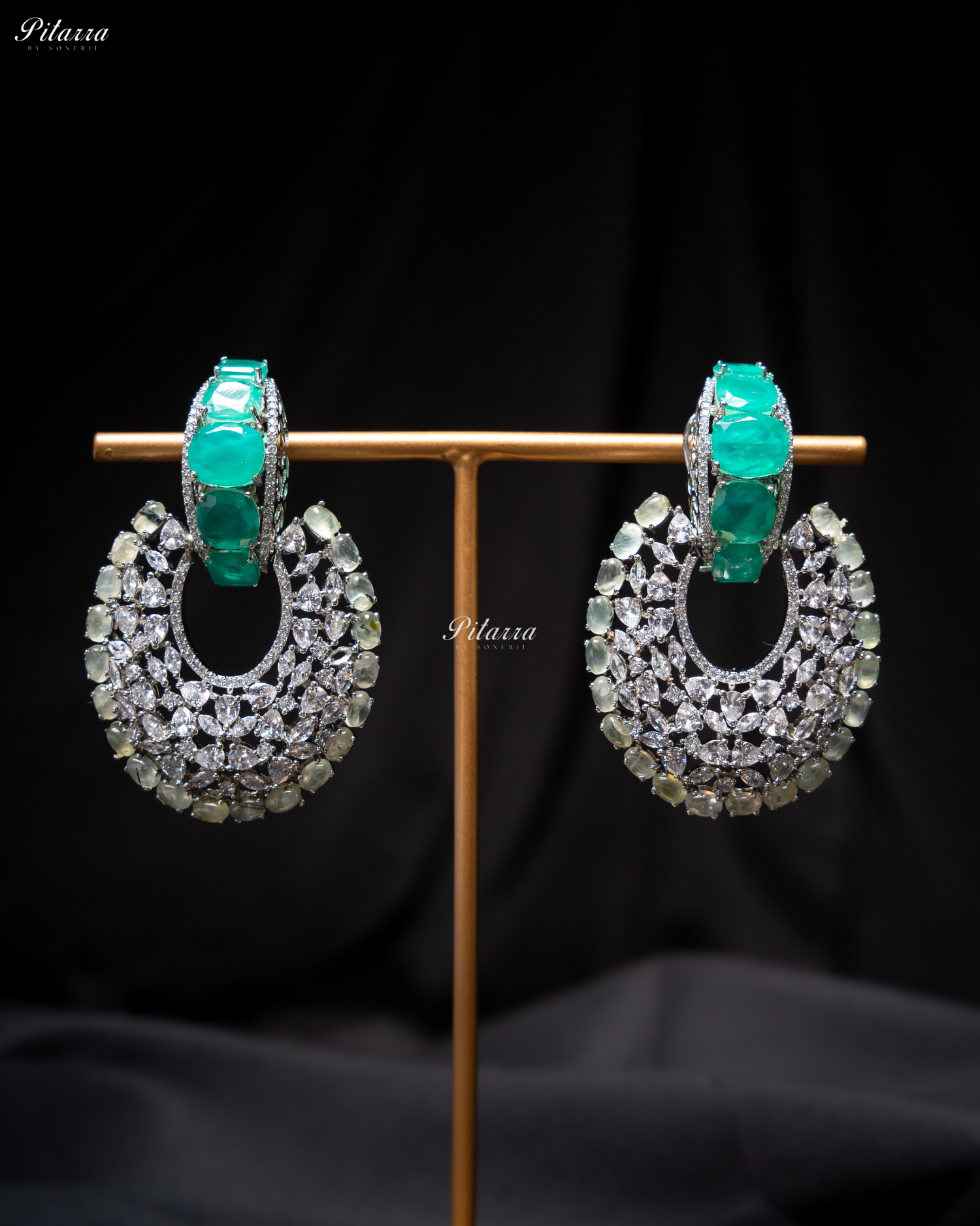 Green Stone White Layer Cubic Zirconia Dangler Earrings