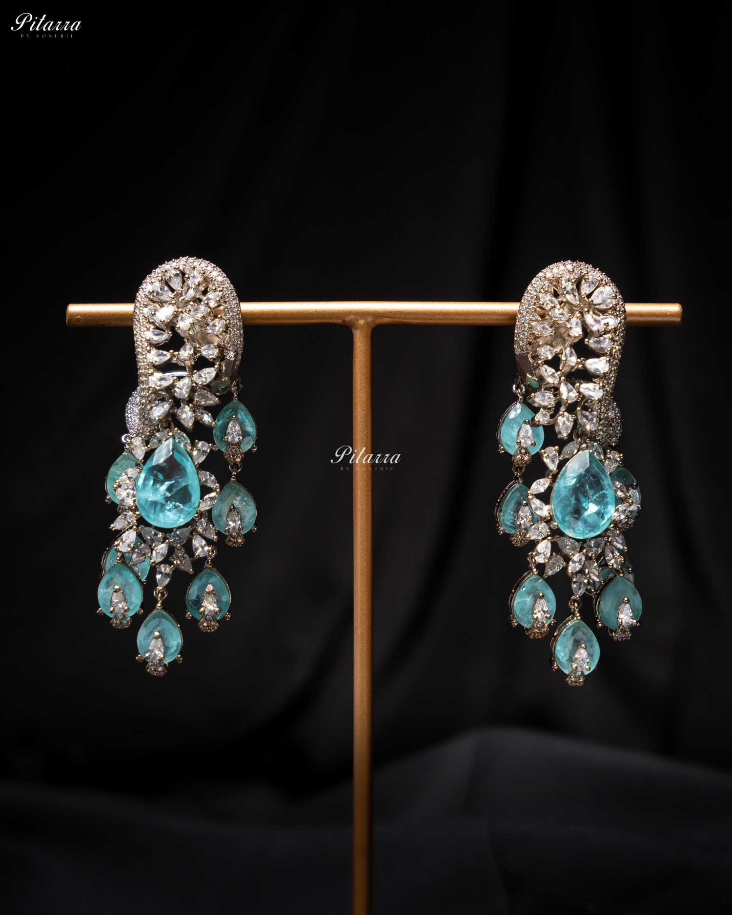 Piscine Blue Silver Polish CZ Crystal Dangler Earrings
