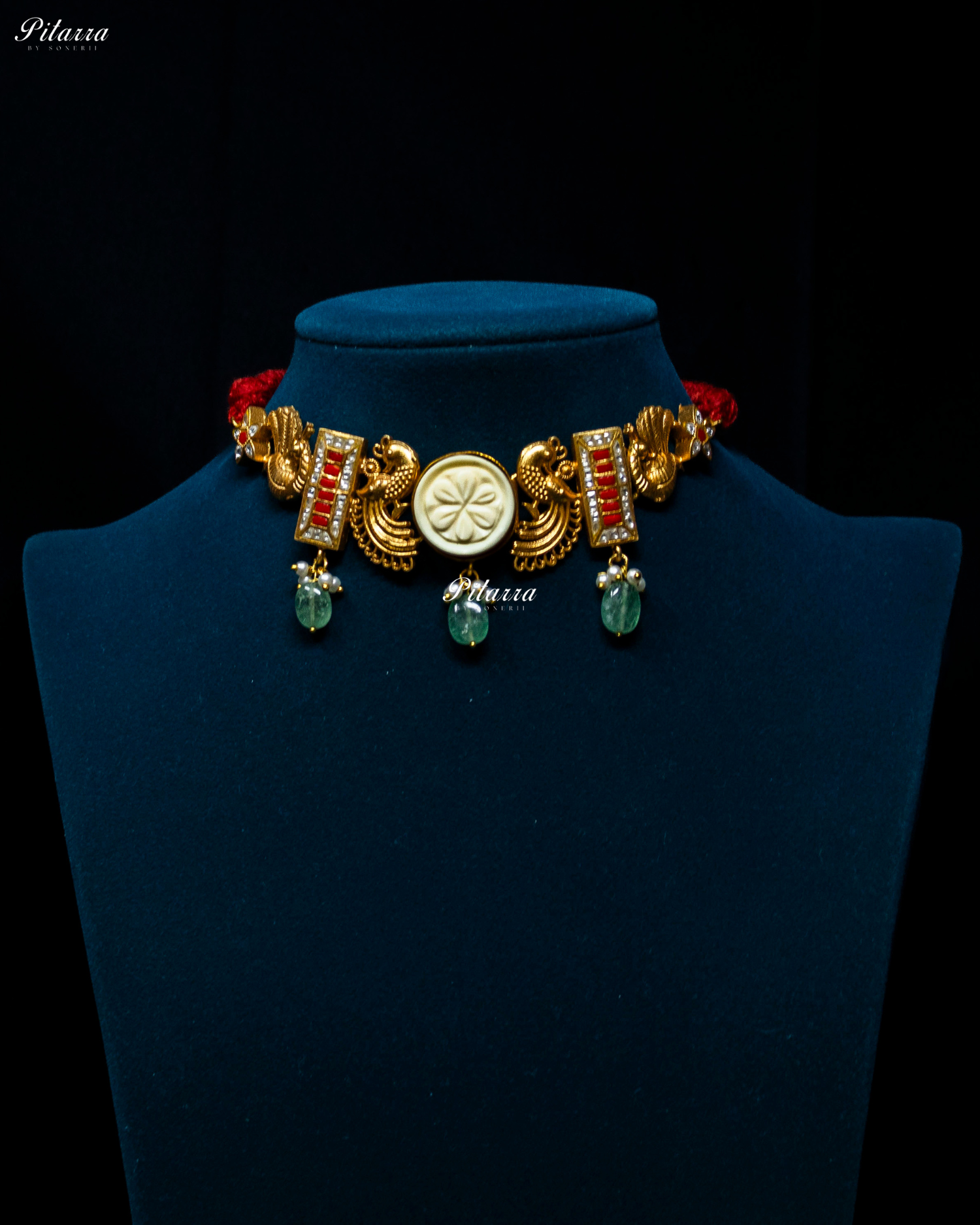 Golden Peacock Green Pearl Necklace Set